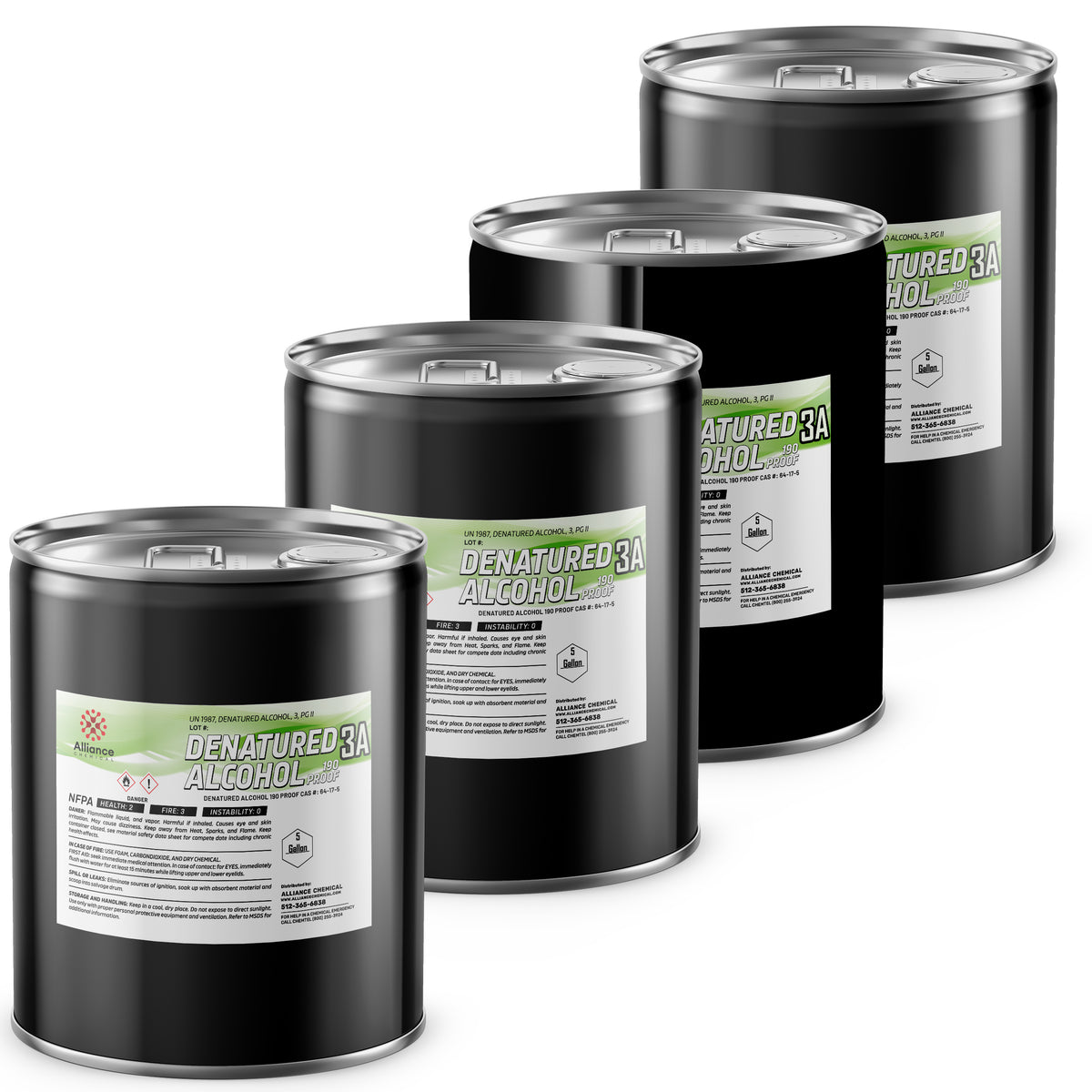 Four 5-gallon steel pails of Alliance Chemical Denatured Alcohol 190 Proof 3A with labels and silver-colored lids