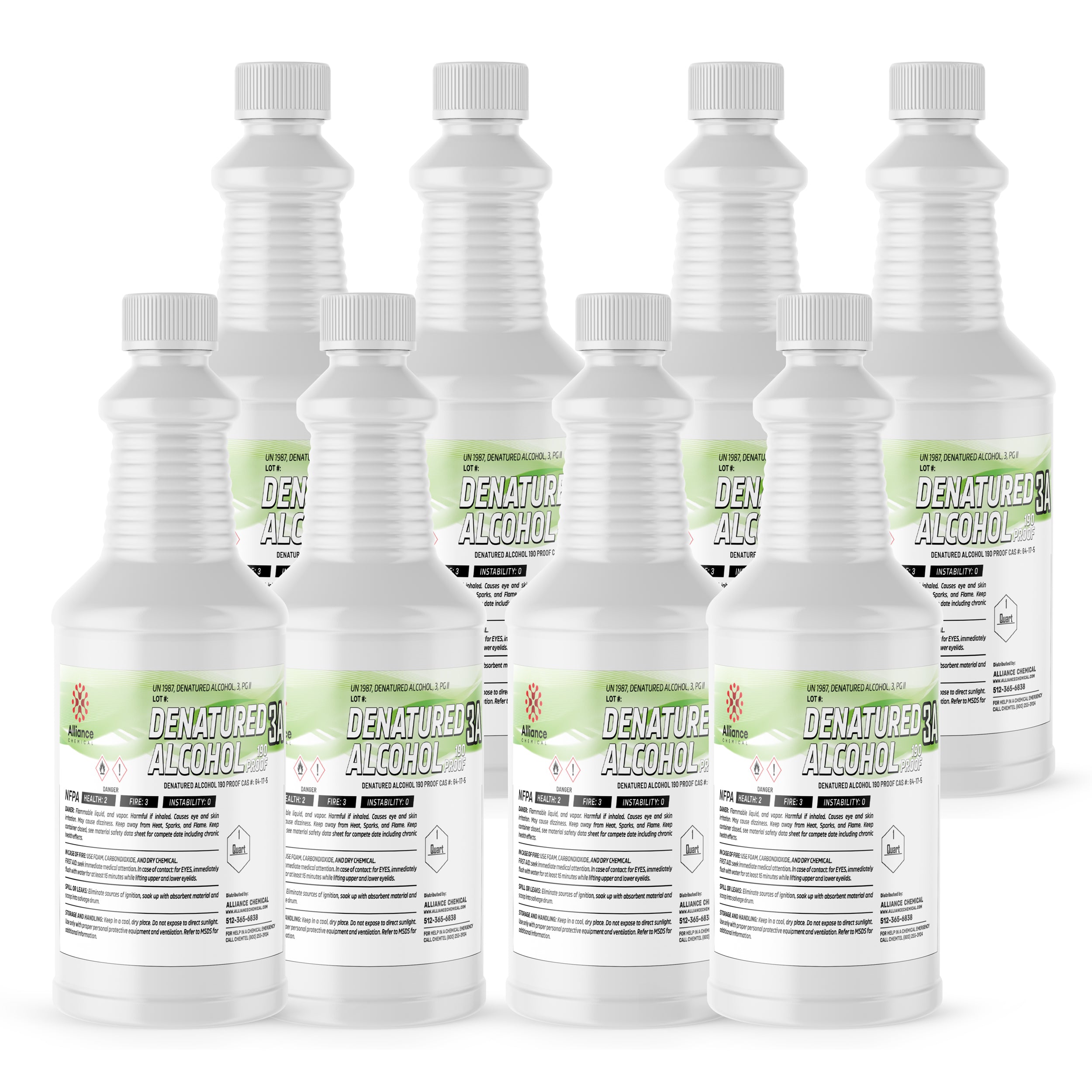 8x1 quart denatured alcohol 190-proof 3A in clear HDPE bottles with white caps, green labels, and flammable hazard symbols.