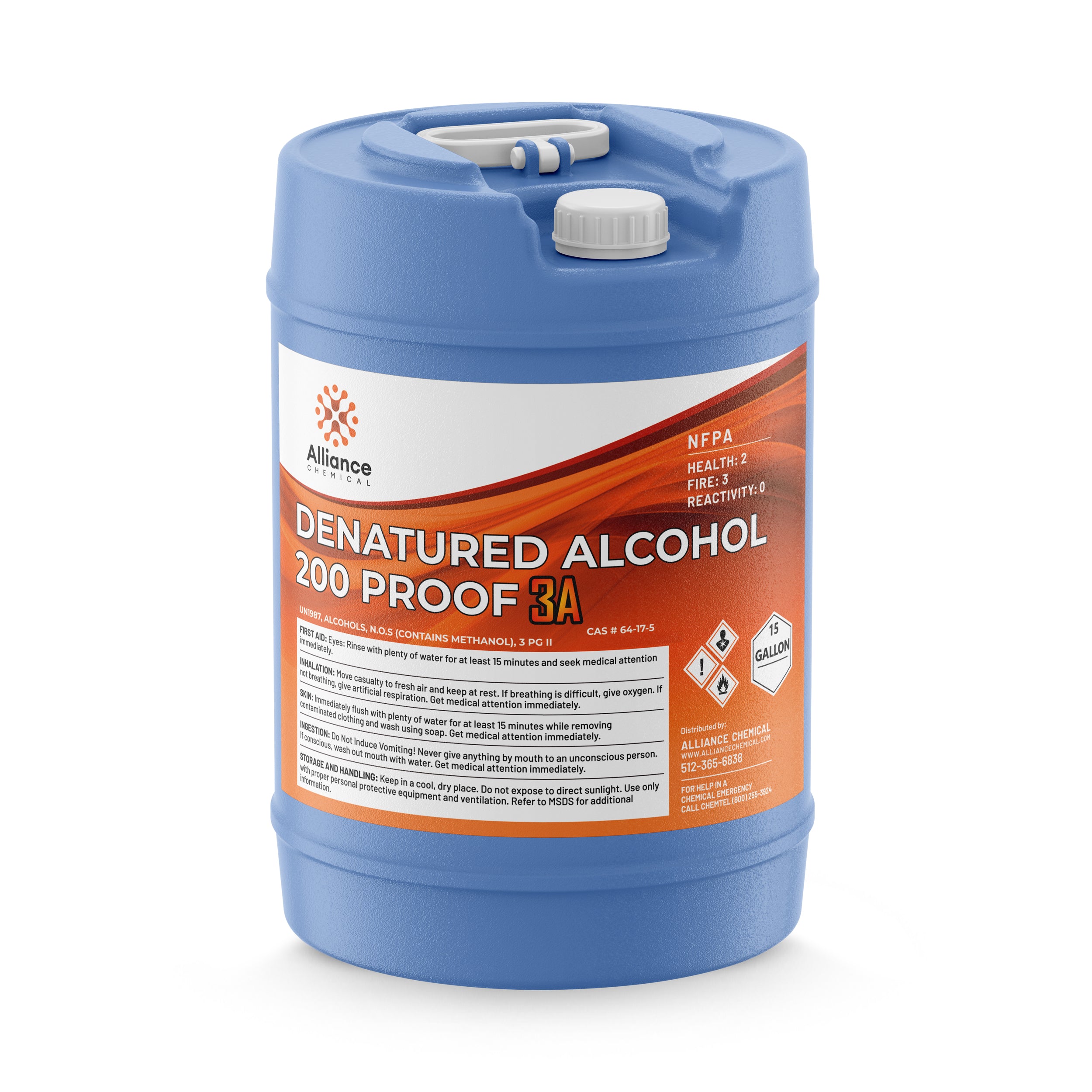 15-gallon blue HDPE carboy of Alliance Chemical 200-proof denatured alcohol 3A with NFPA diamond (2-3-0), safety warnings, and dual handles.