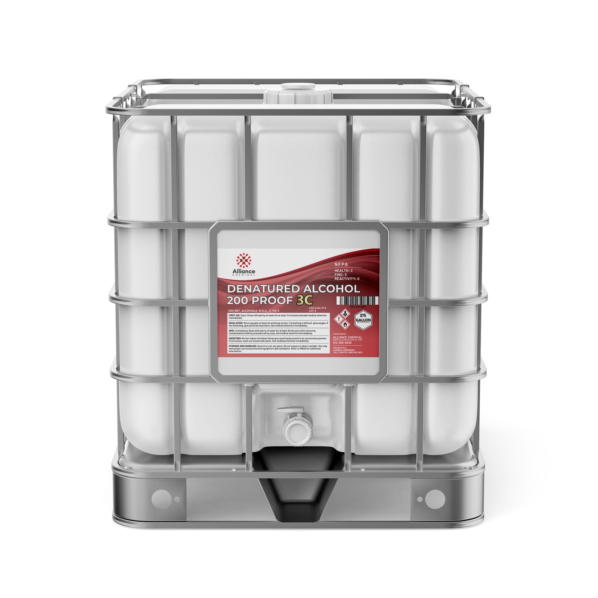 275-gallon IBC tote of Alliance denatured alcohol 200-proof 3C with NFPA diamond, metal cage framework, and bottom discharge valve.