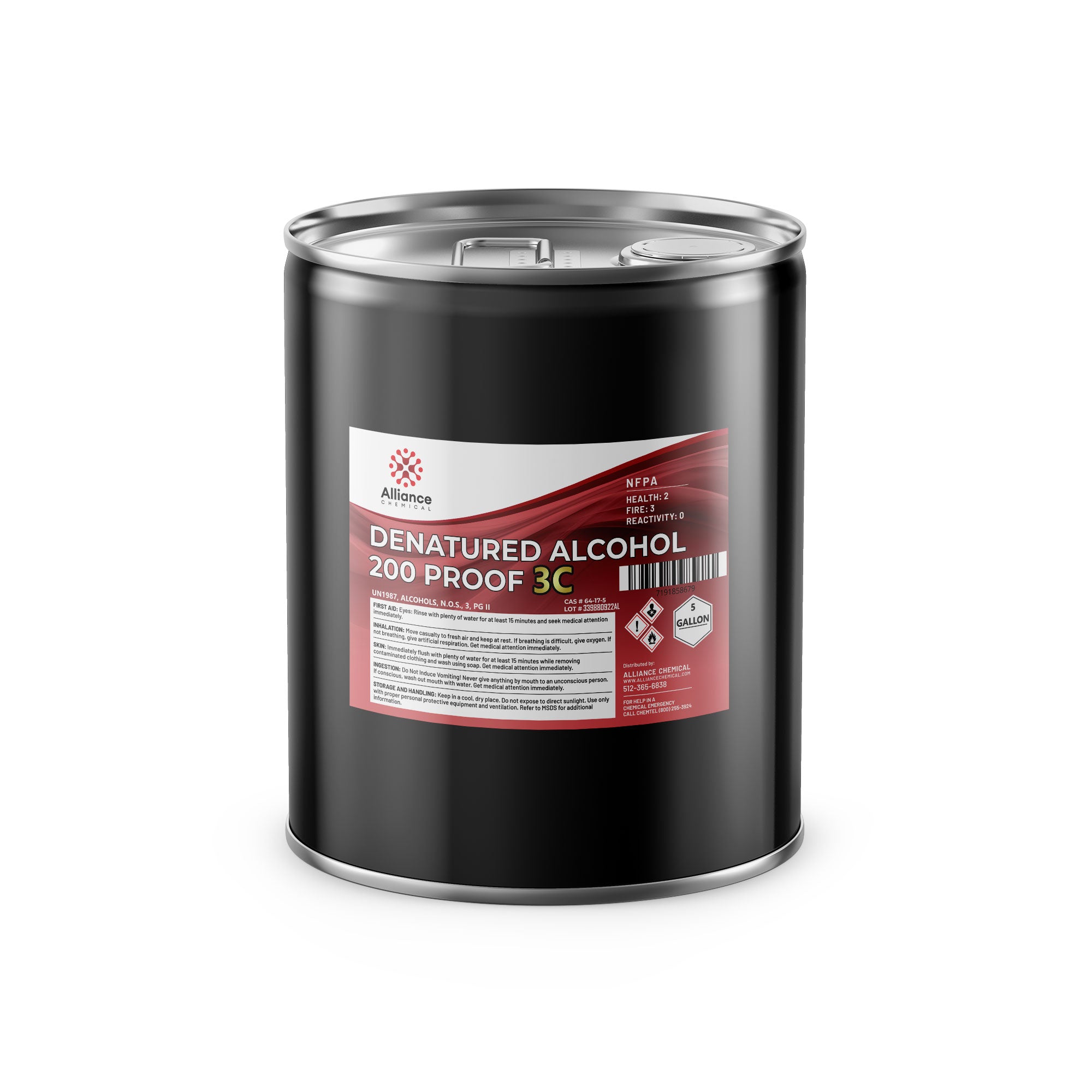 5-gallon black steel drum of Alliance Chemical denatured alcohol 200-proof 3C with NFPA diamond rating 2-3-0, hazard labels, and sealed lid.