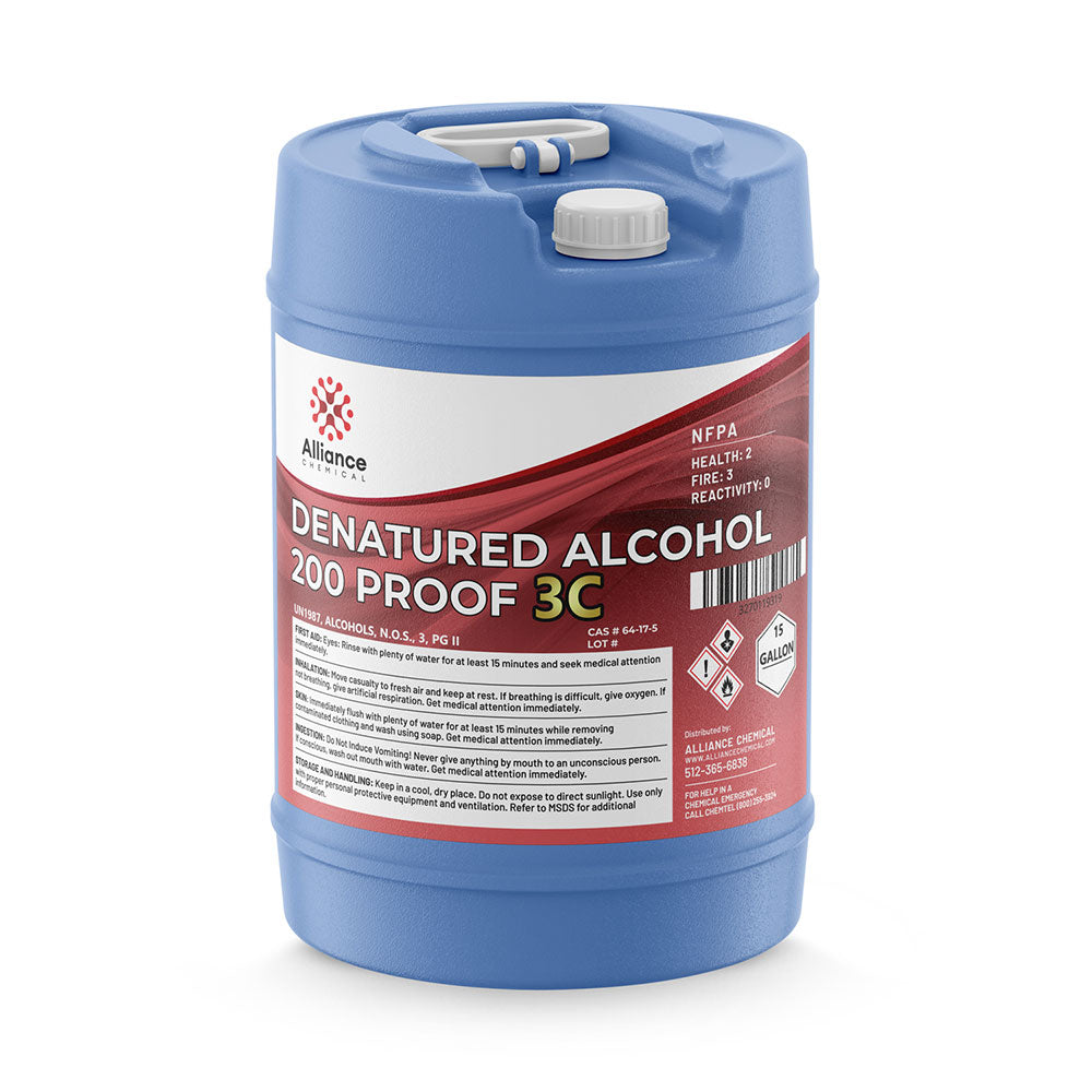 5-gallon blue HDPE carboy of Alliance Chemical 200-proof denatured alcohol 3C with NFPA diamond, hazard warnings and white screw cap.