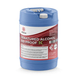 5-gallon HDPE carboy of Alliance Chemical 200-proof denatured alcohol 3C with NFPA diamond, hazard warnings and white screw