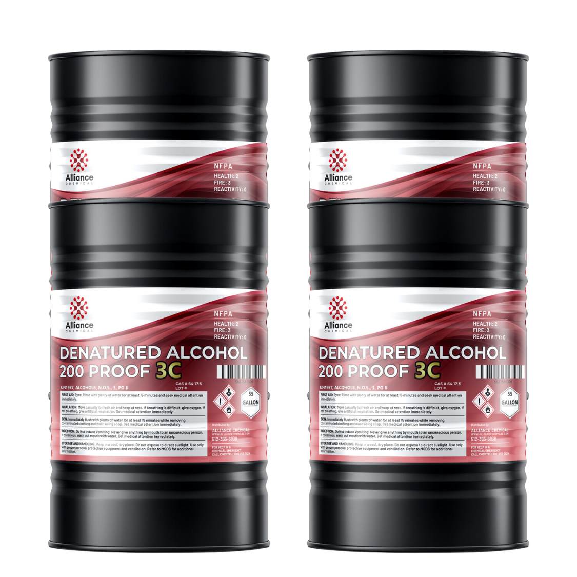 55-gallon drums of Alliance Chemical denatured alcohol 200 proof 3C with NFPA diamond, flammable/toxic hazard symbols, in black steel containers.
