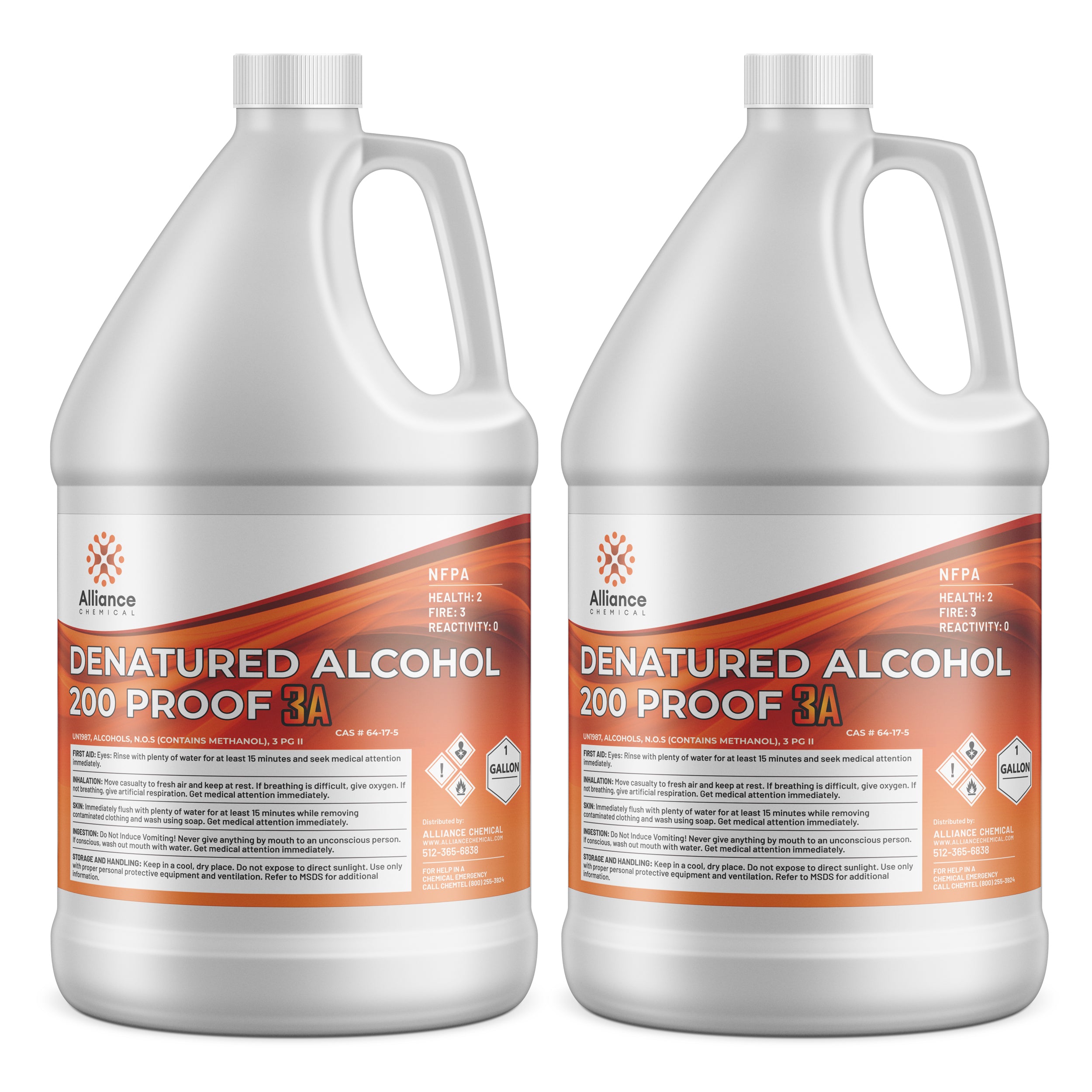2-gallon HDPE jugs of Alliance Chemical 200-proof denatured alcohol (3A grade) with NFPA diamond, methanol warning labels, and safety information.