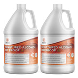 2-gallon HDPE jugs of Alliance Chemical 200-proof denatured alcohol (3A grade) with NFPA diamond, methanol warning labels