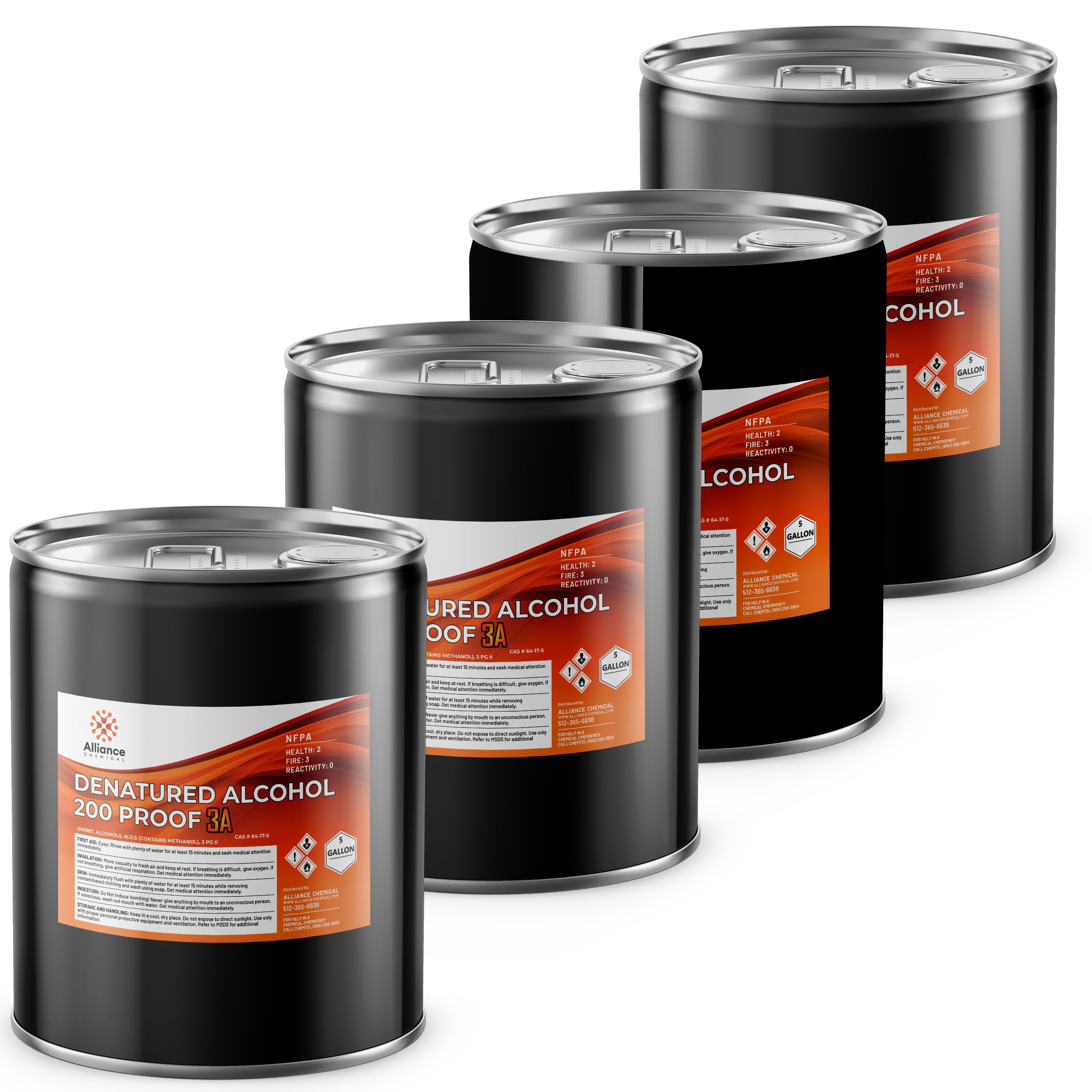 4x5-gallon drums of Alliance Chemical 200-proof denatured alcohol 3A in black steel containers with NFPA diamond hazard labels, sealed lids.