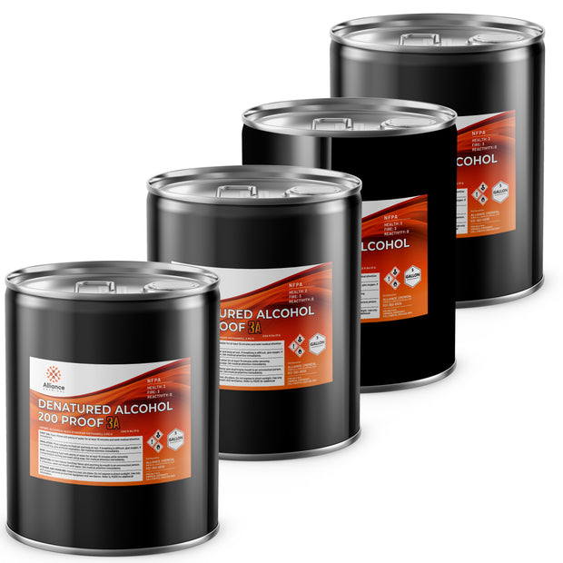 4x5-gallon drums of Alliance Chemical 200-proof denatured alcohol 3A in black steel containers with NFPA diamond hazard