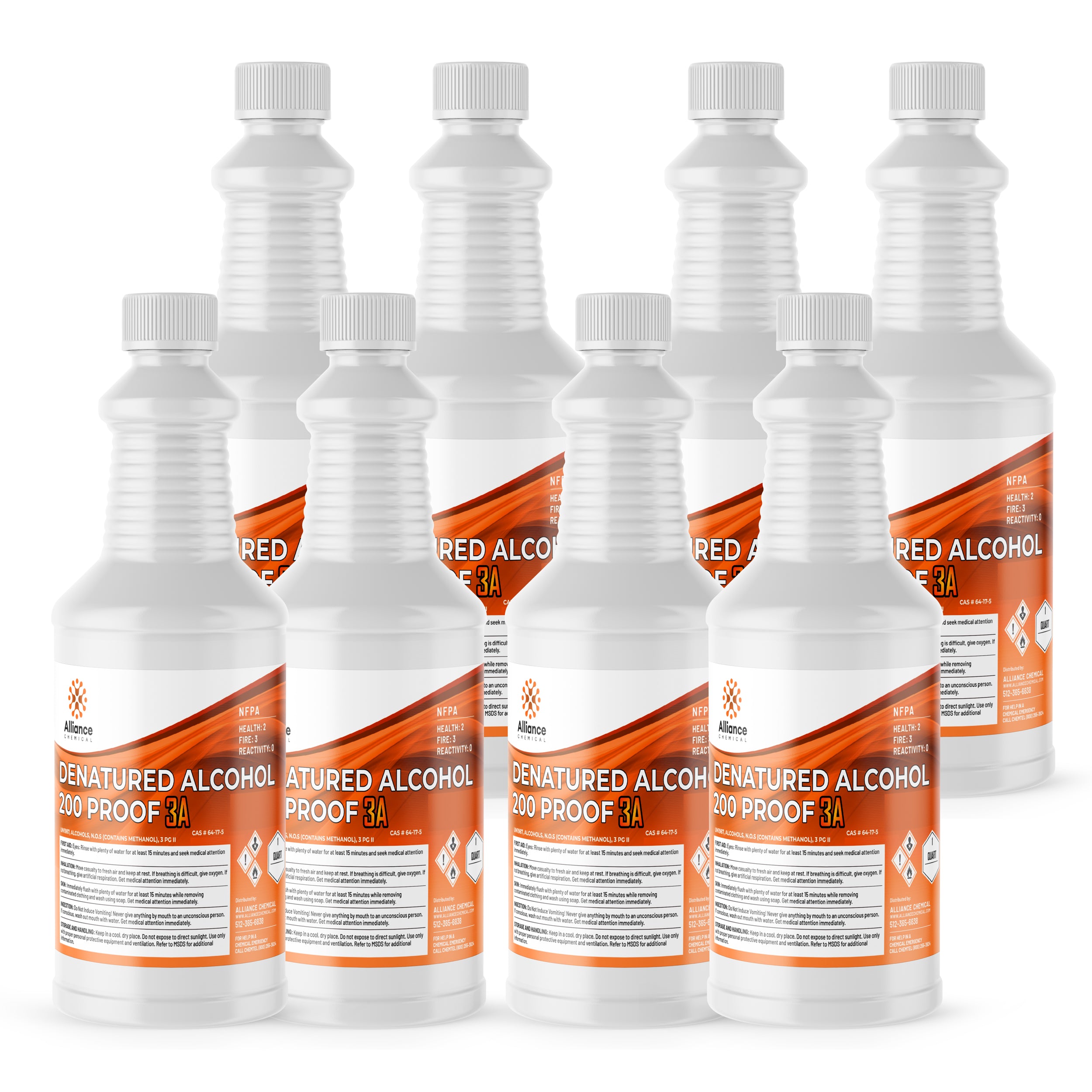 Quart bottles of 200-proof denatured alcohol 3A in white HDPE containers with orange warning labels, NFPA diamond symbols, 8-pack packaging.