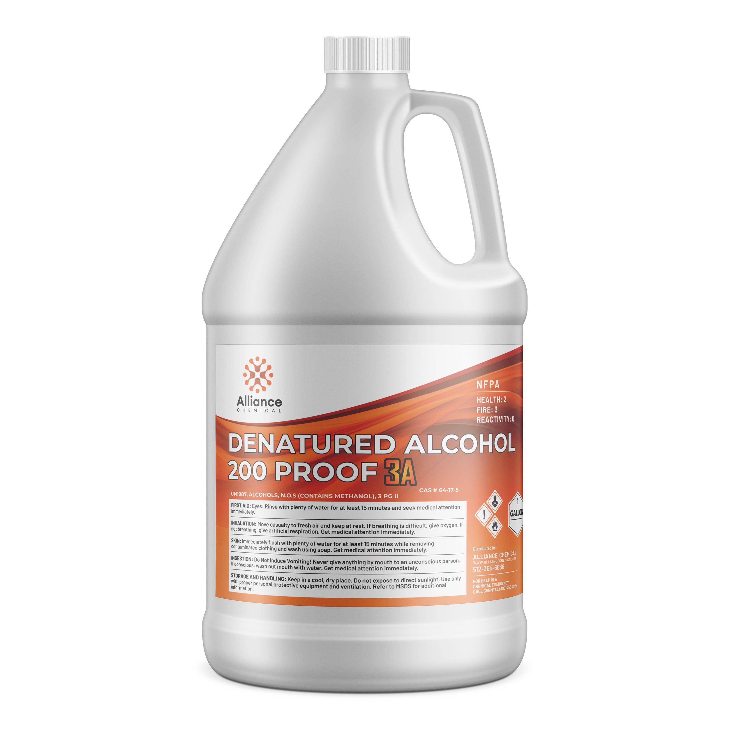 One-gallon HDPE jug of Alliance Chemical denatured alcohol 200 proof 3A, featuring NFPA diamond, safety warnings, and methanol content label in orange-white design.