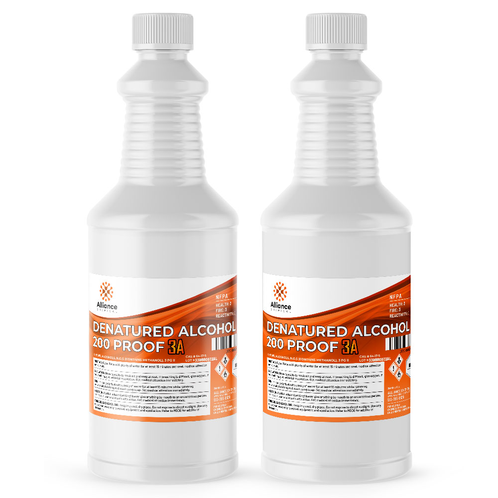 Alliance Chemical 32 fl oz HDPE bottles of Alliance 200-proof denatured alcohol 3A with NFPA diamond, flammable warning