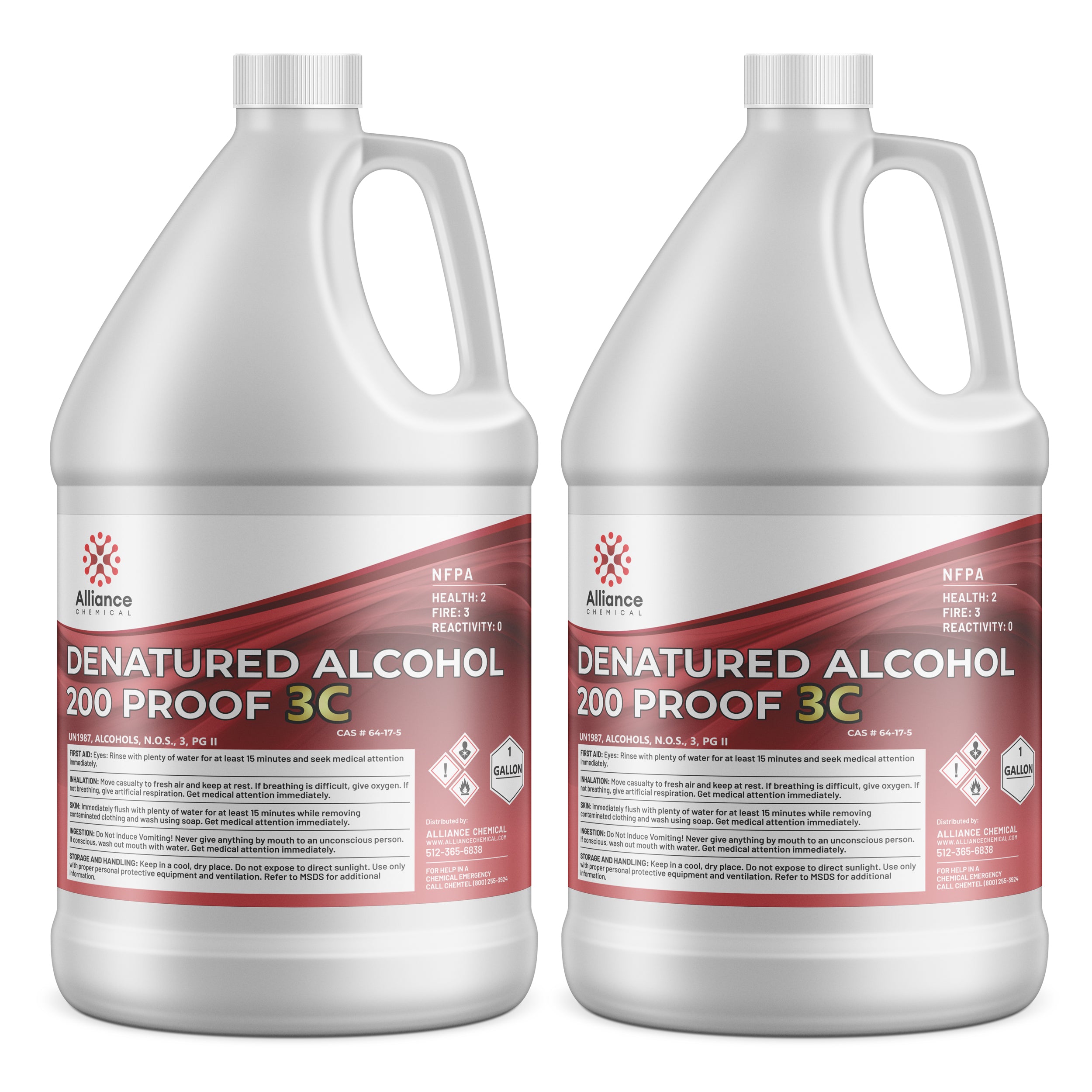 2-gallon bottles of Alliance Chemical denatured alcohol 200 proof 3C with NFPA safety diamonds, CAS labeling, and hazard warnings on white HDPE containers.