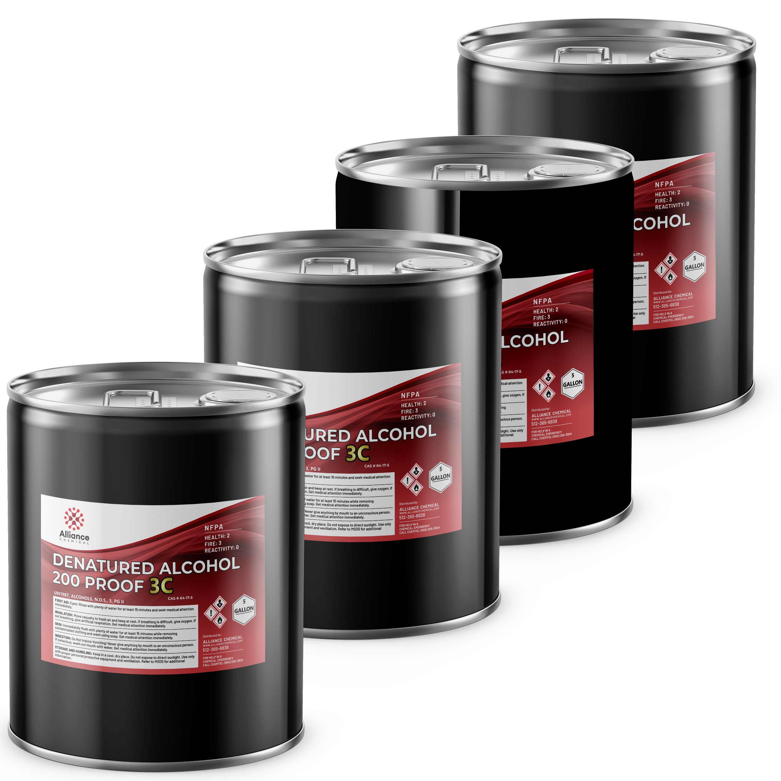5-gallon metal drums of Denatured Alcohol 200 Proof 3C by Alliance Chemical, featuring NFPA diamond warning labels and industrial hazmat symbols.