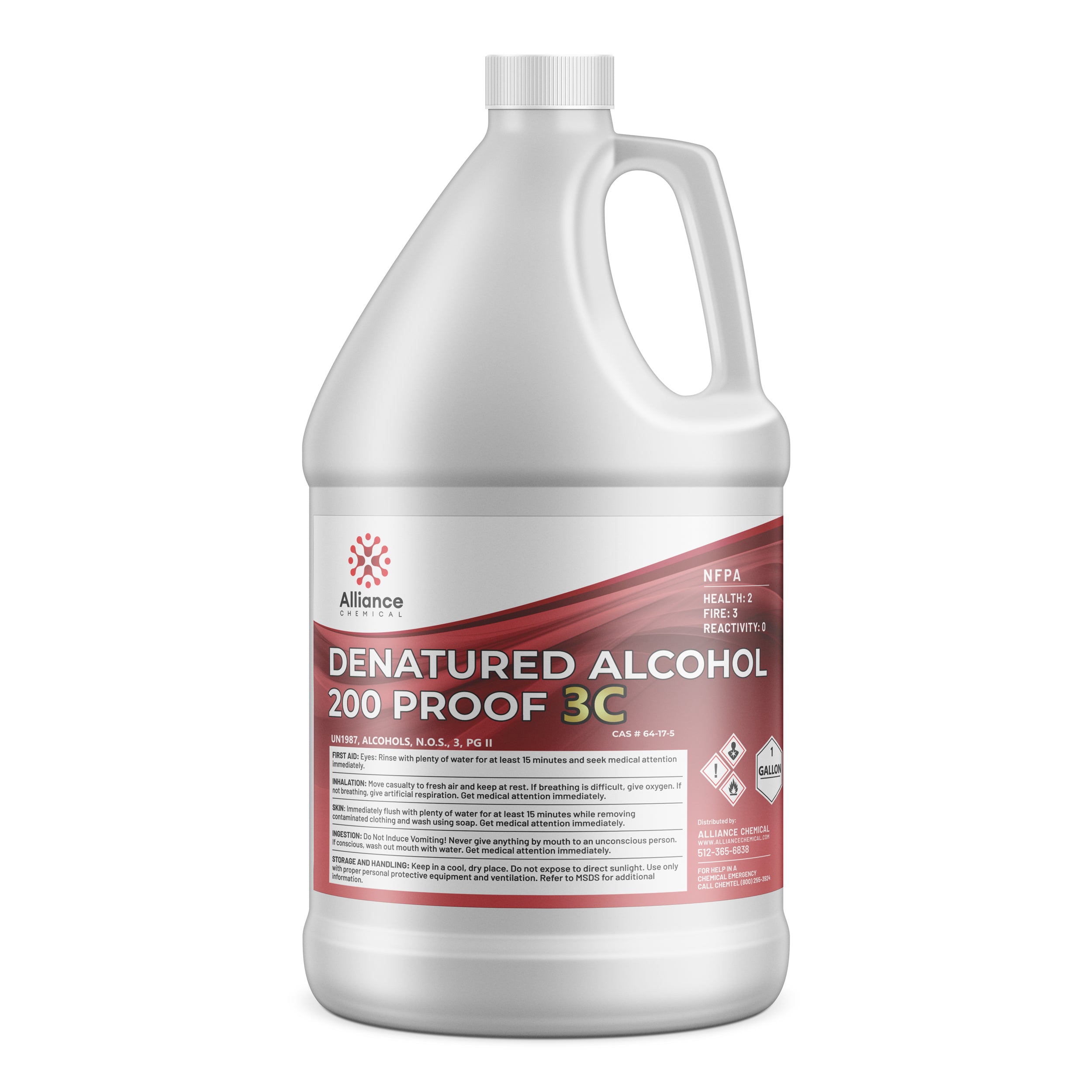 One-gallon white HDPE jug of Alliance Chemical denatured alcohol 200-proof 3C with NFPA diamond, UN1987 classification, and safety warnings.