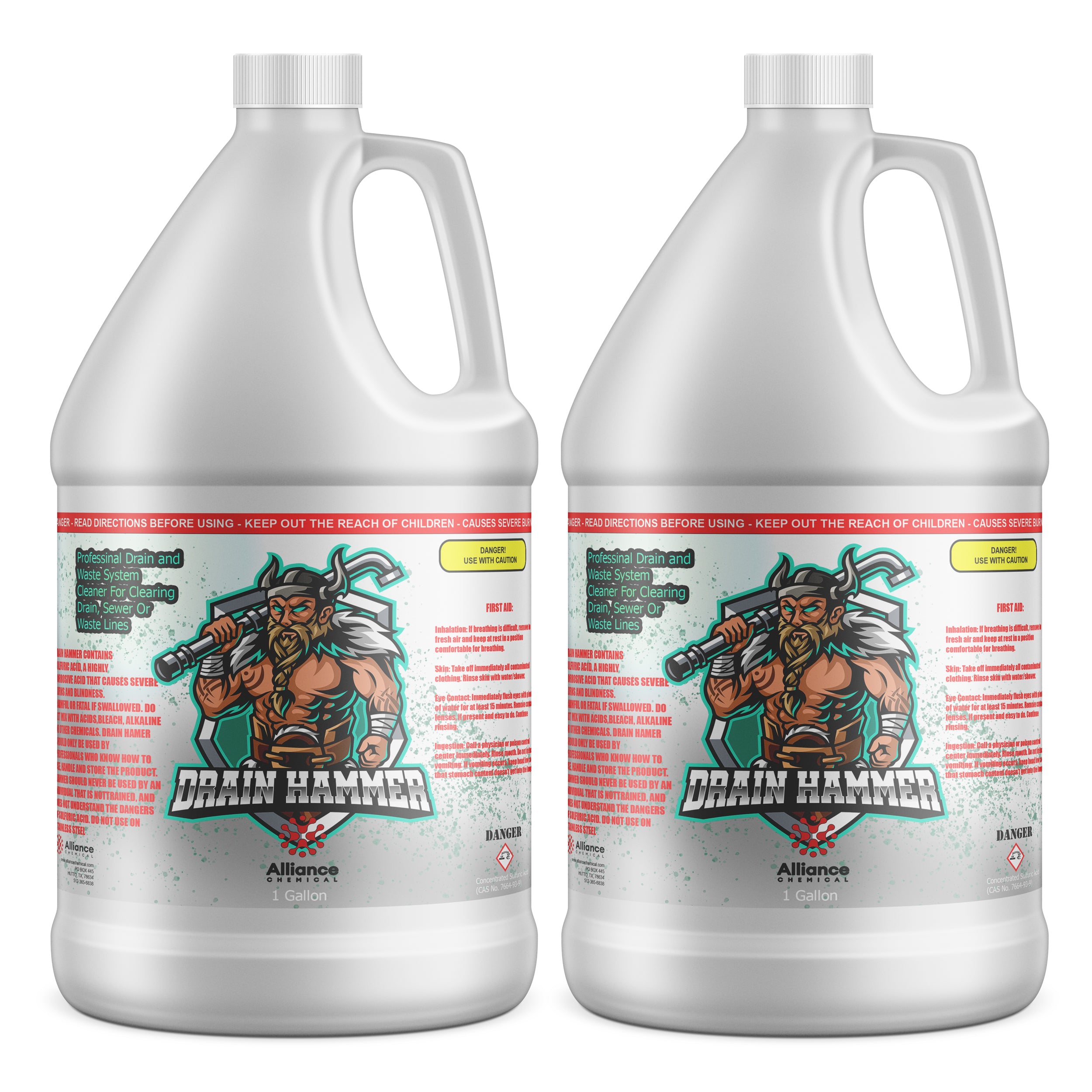 2-gallon sulfuric acid drain cleaner 'Drain Hammer' in white HDPE jugs with safety warnings, Viking mascot logo, and corrosive hazard symbols.