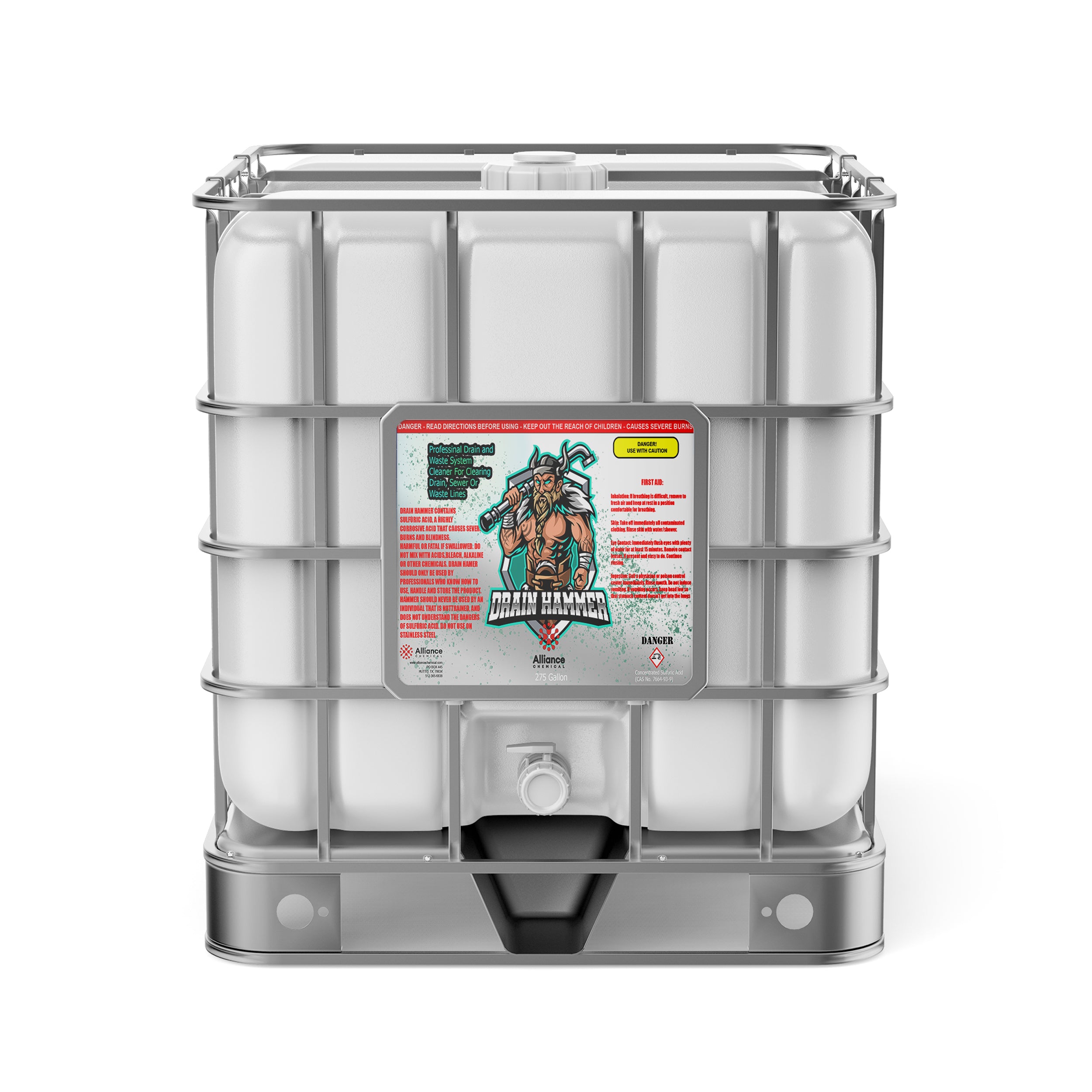 275-gallon IBC tote of Drain Hammer sulfuric acid drain cleaner, white container with metal cage frame, hazard warning label, bottom discharge valve, industrial-grade.