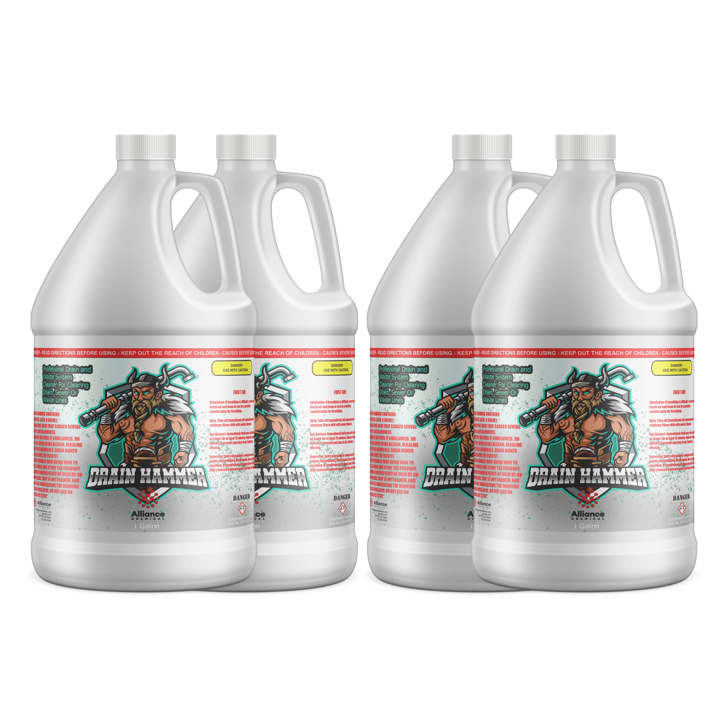 4x1-gallon Drain Hammer sulfuric acid drain cleaner in white HDPE containers with safety warnings, hazard symbols, and industrial warrior branding.