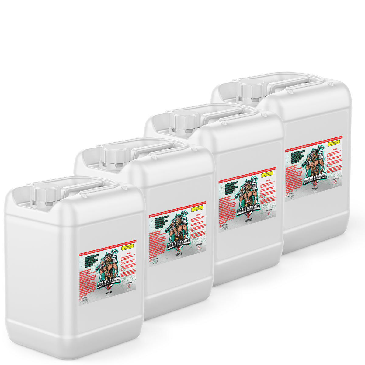 Four 5-gallon HDPE jugs of Alliance Chemical Drain Hammer - Sulfuric Acid Drain Cleaner with white caps and handles.