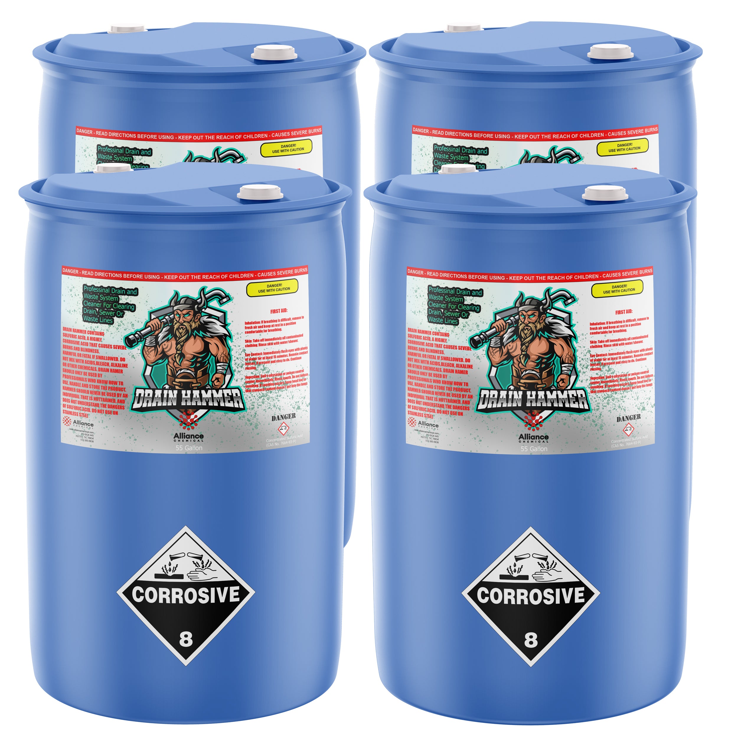 4x55-gallon blue HDPE drums of Drain Hammer sulfuric acid drain cleaner, featuring corrosive Class 8 warning labels and child safety warnings, Alliance Chemical branded.