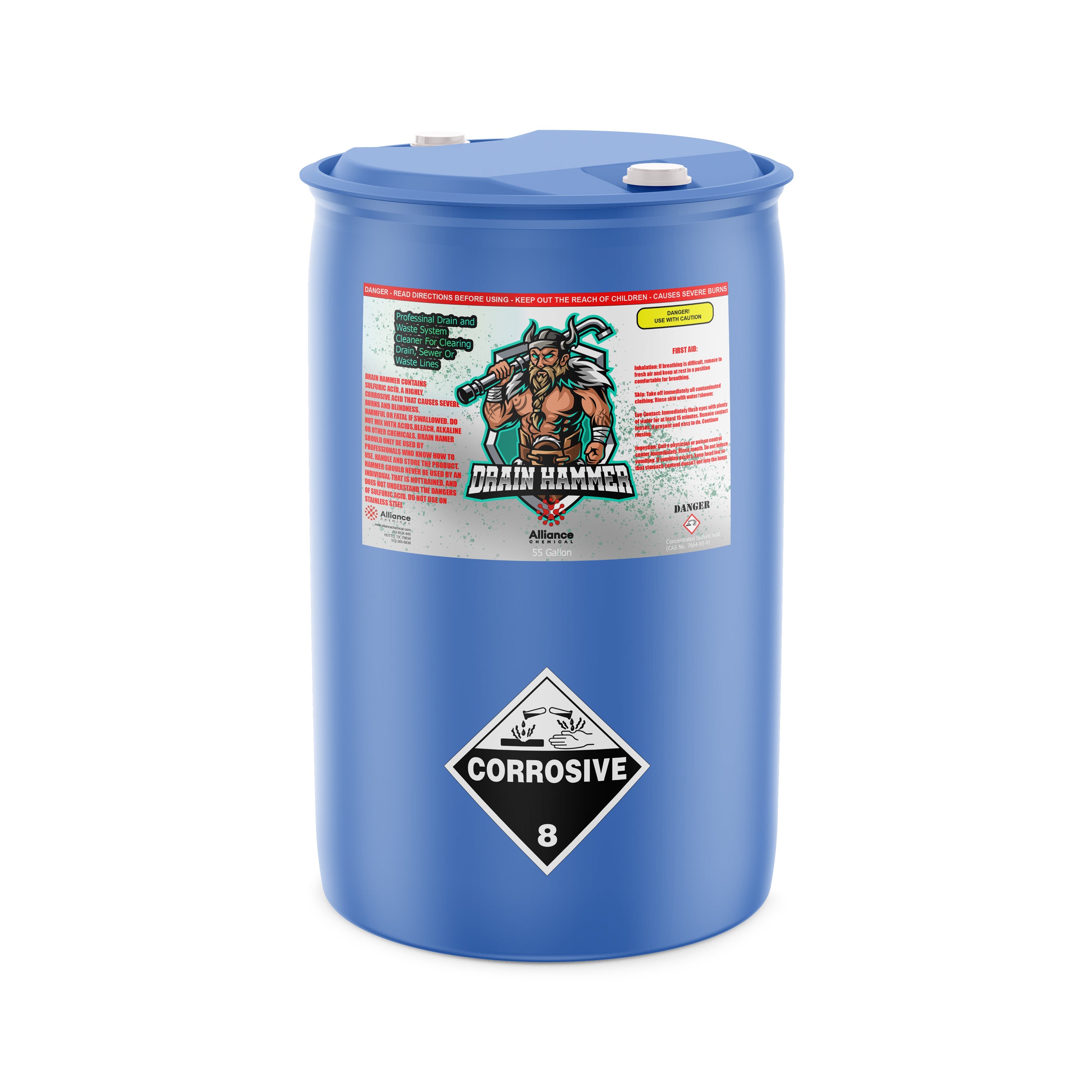 55-gallon blue HDPE drum of Drain Hammer sulfuric acid drain cleaner, featuring corrosive warning symbol Class 8, safety label, and dual-port lid.