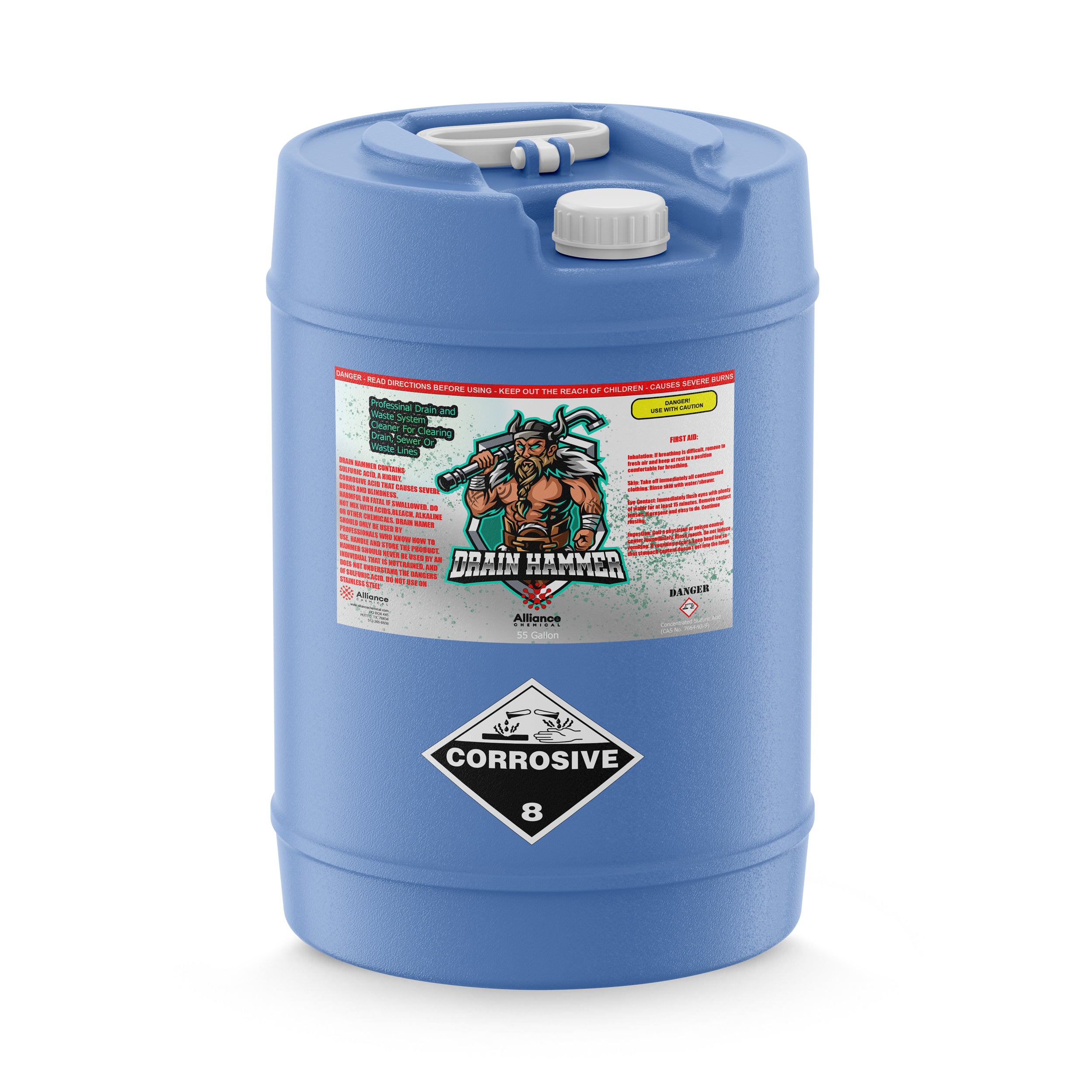 5-gallon blue HDPE carboy of Drain Hammer sulfuric acid drain cleaner with corrosive Class 8 warning label, safety instructions, and dual-handle design.