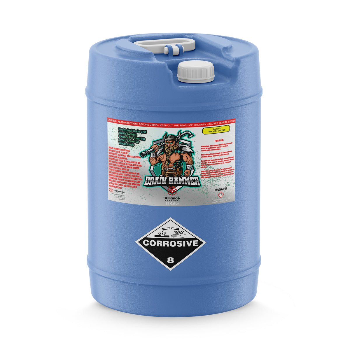 55-gallon HDPE drum of Alliance Chemical Drain Hammer - Sulfuric Acid Drain Cleaner with a white cap and product label