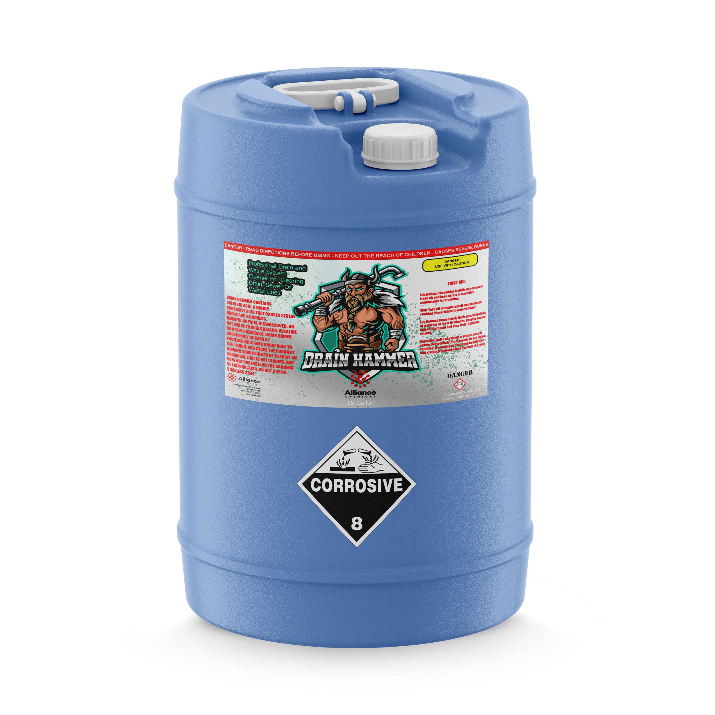 5-gallon blue HDPE carboy of Drain Hammer sulfuric acid drain cleaner, corrosive Class 8 warning diamond, white screw cap lid, Alliance Chemical branding.