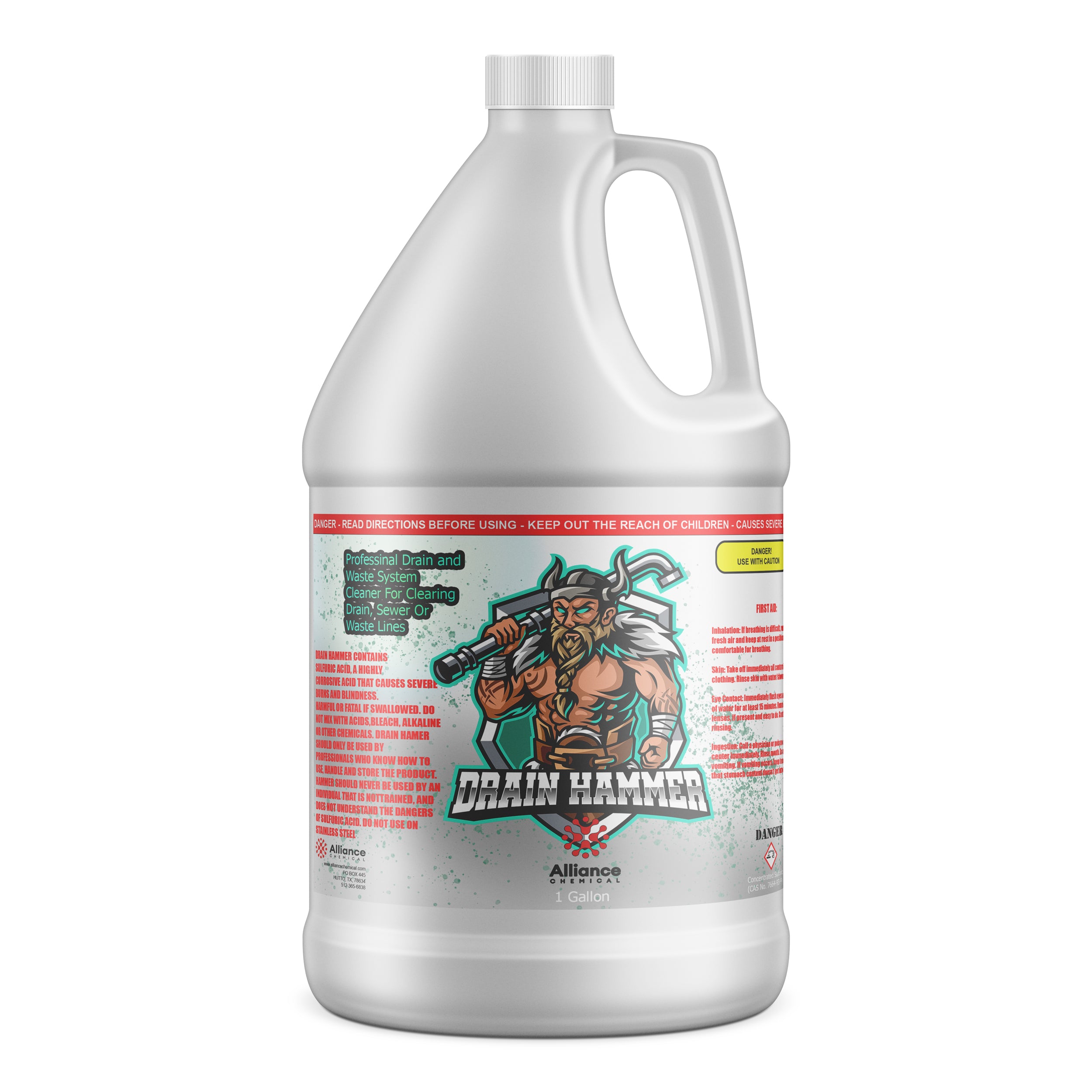 One-gallon professional-grade sulfuric acid drain cleaner in white HDPE jug with safety warnings, Viking mascot branding, and industrial waste system cleaning specifications.