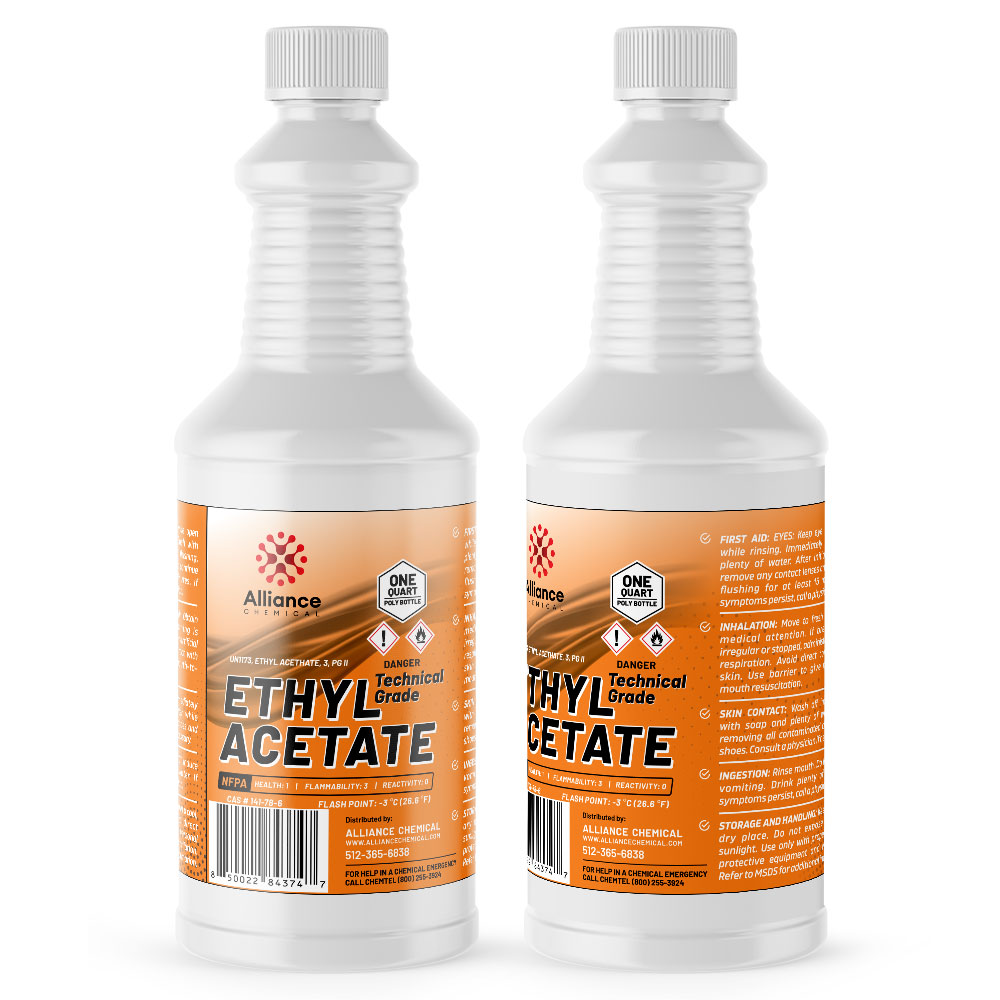 One-quart bottles of technical-grade ethyl acetate solvent by Alliance Chemical HDPE containers