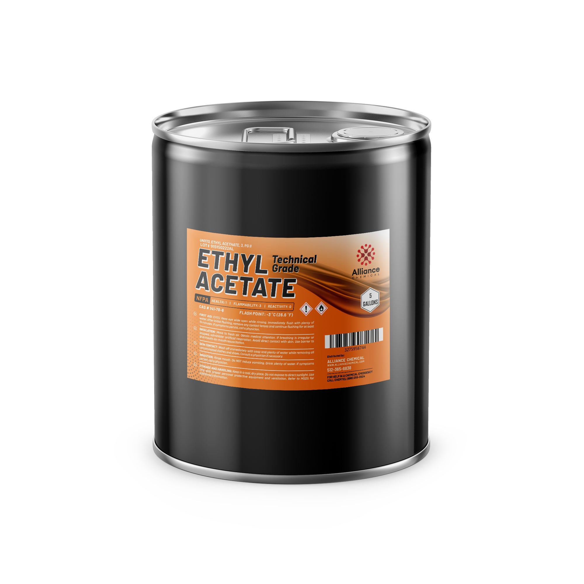 5-gallon technical-grade ethyl acetate in black steel drum with NFPA diamond, flammability warnings, and orange Alliance Chemical label.