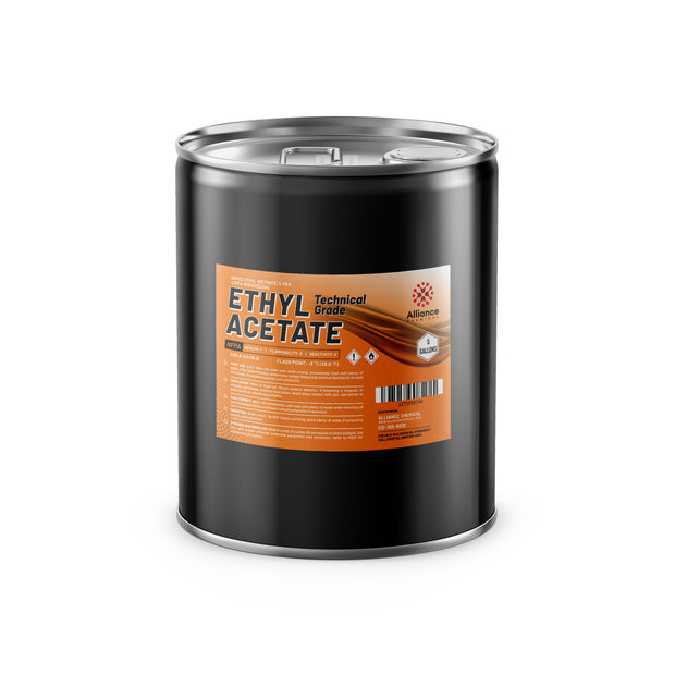 5-gallon technical-grade ethyl acetate in black steel drum with NFPA diamond, flammability warnings, and orange Alliance