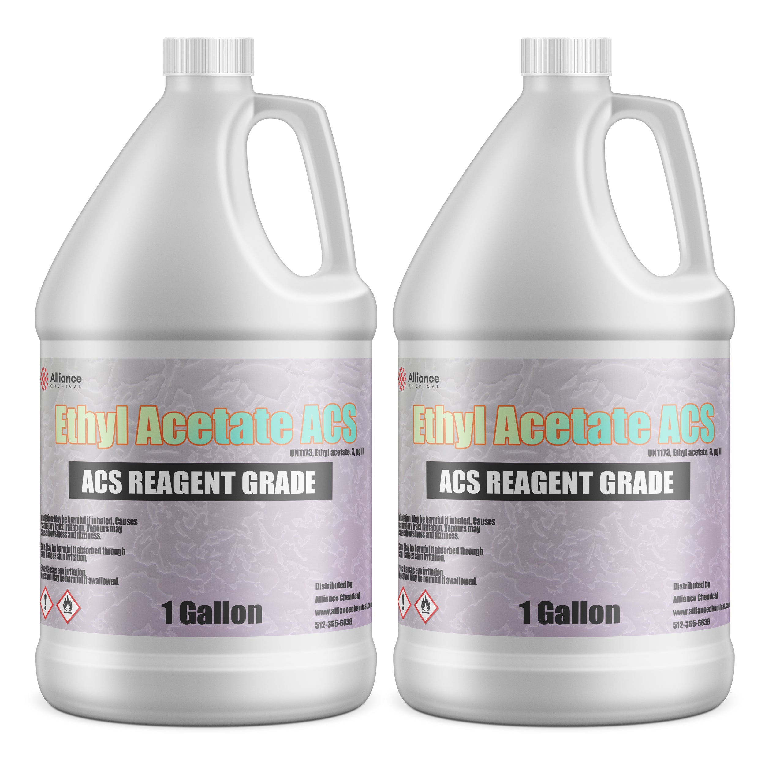1-gallon white HDPE jugs of ACS Reagent Grade Ethyl Acetate by Alliance Chemical, featuring GHS hazard symbols and purple-gradient labels.
