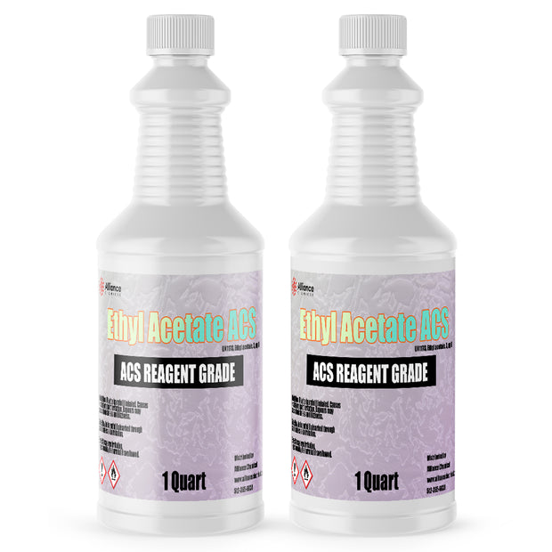 1-quart bottles of ACS Reagent Grade Ethyl Acetate in HDPE containers GHS hazard symbols, Alliance Chemical branding