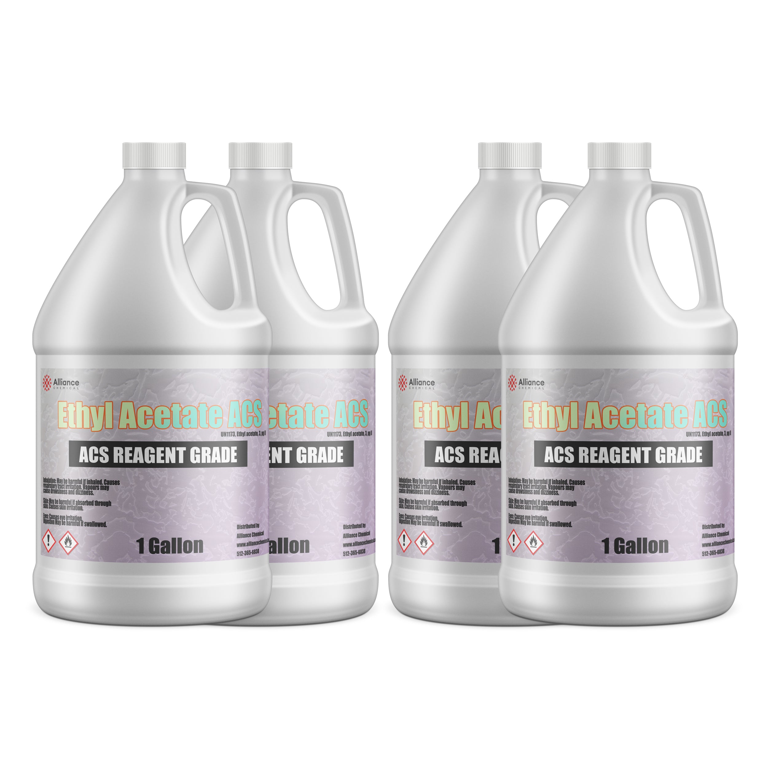 4x1-gallon Ethyl Acetate ACS Reagent Grade in white HDPE containers with hazard warning symbols, Alliance Chemical branded labels.