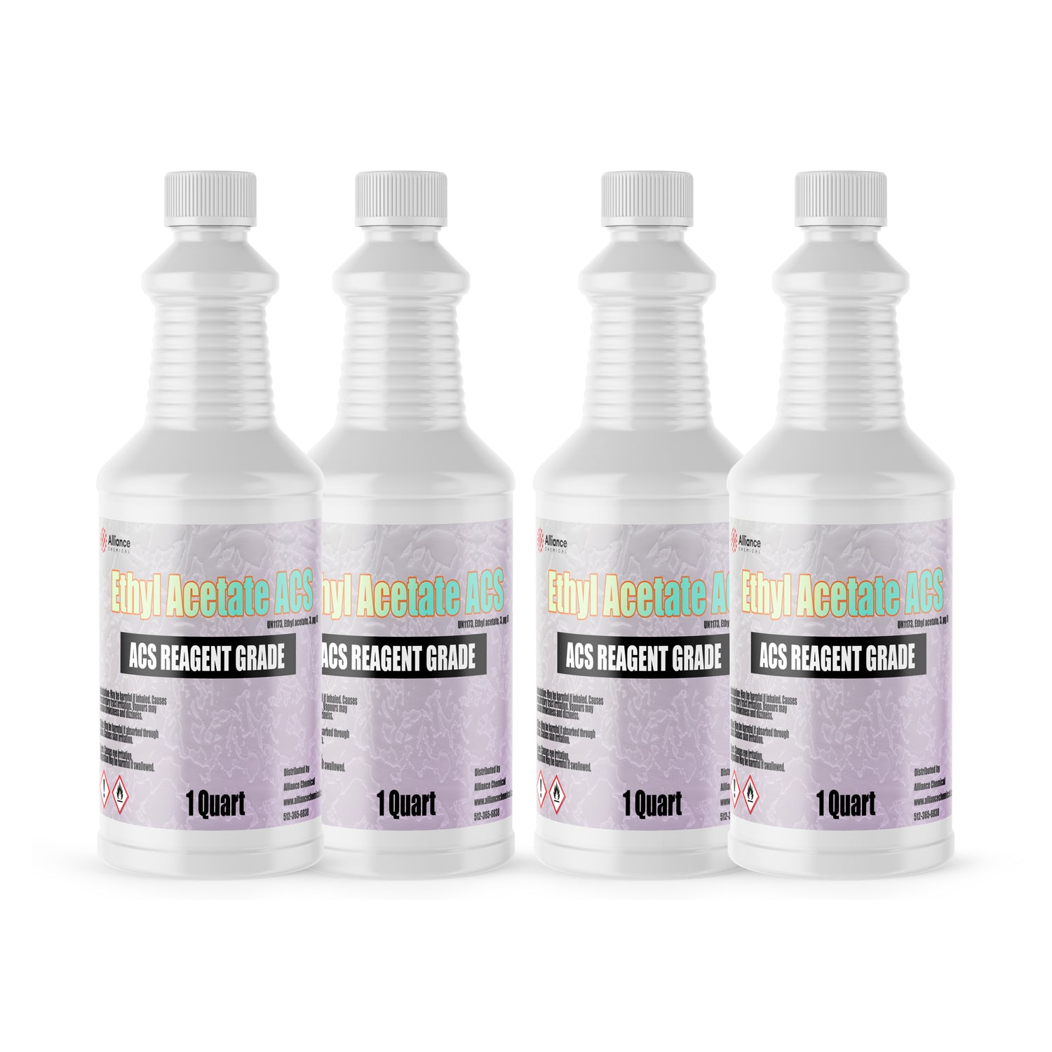 1-quart bottles of ACS Reagent Grade Ethyl Acetate in white HDPE containers with safety warning symbols, ribbed design, and sealed caps (4-pack).