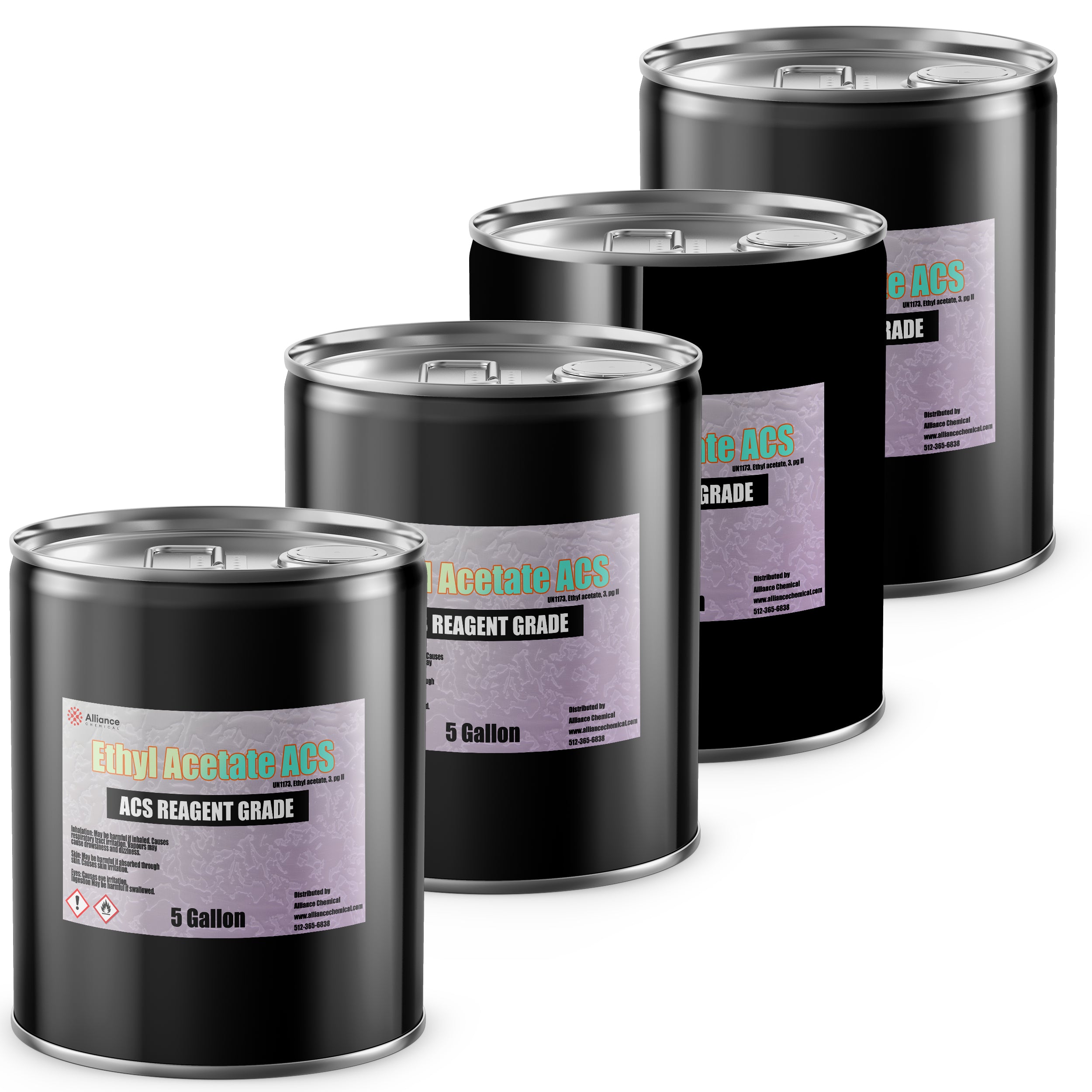 5-gallon black steel drums of ACS Reagent Grade Ethyl Acetate with GHS flammability warning symbols, metallic lids, and Alliance Chemical labeling.