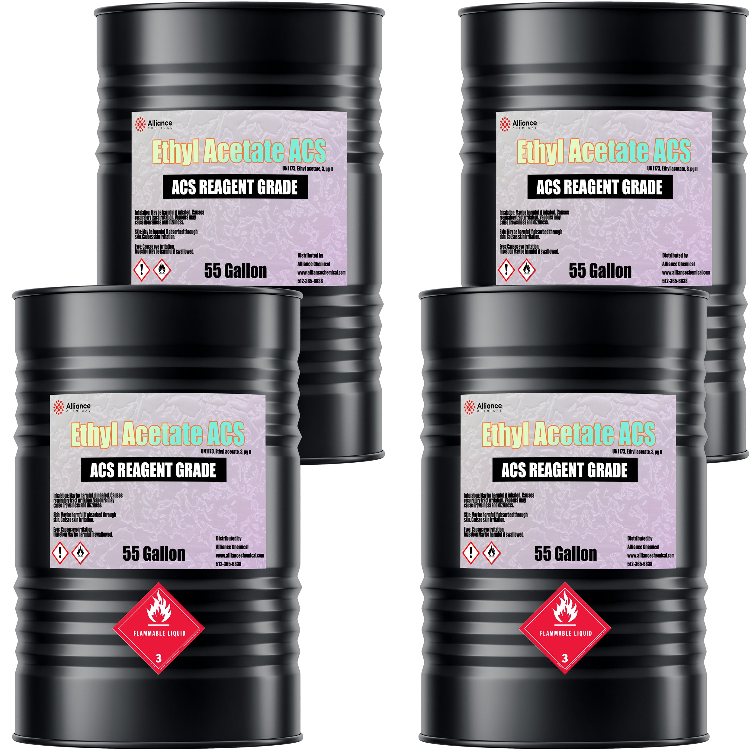 4x55-gallon black steel drums of ACS Reagent Grade Ethyl Acetate with Alliance Chemical labels and Class 3 Flammable Liquid warning symbols.