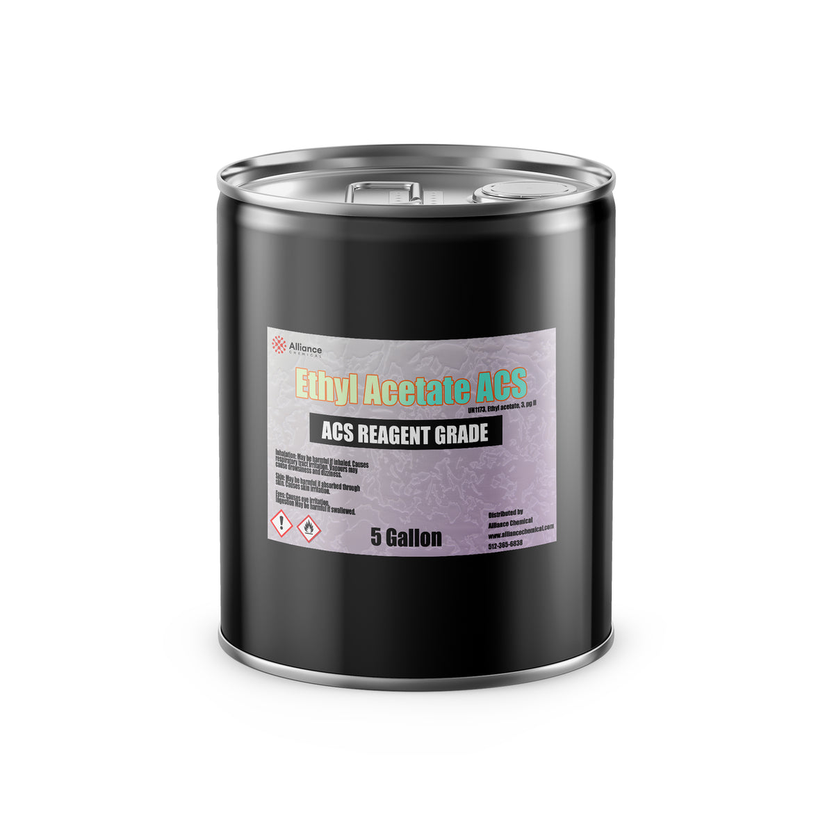 5-gallon black steel drum of ACS Reagent Grade Ethyl Acetate with Alliance Chemical label, flammable and irritant, metallic