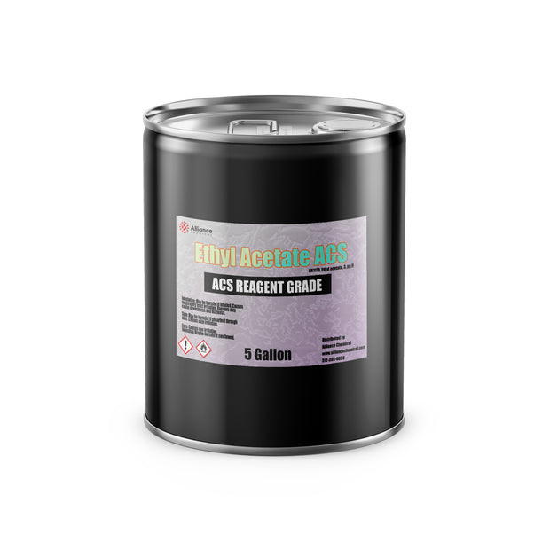 5-gallon black steel drum of ACS Reagent Grade Ethyl Acetate with Alliance Chemical label, flammable and irritant, metallic