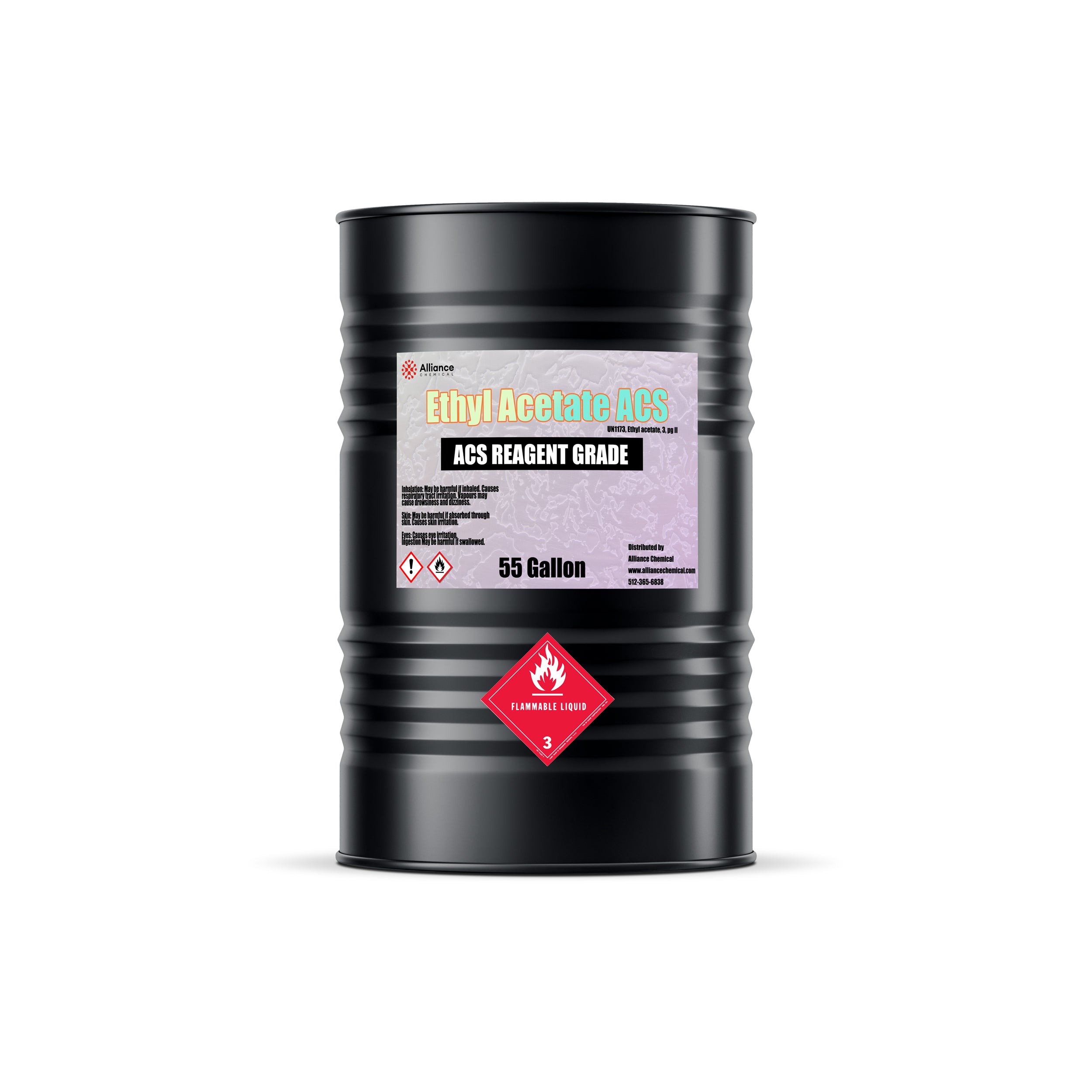 55-gallon black drum of ACS reagent grade Ethyl Acetate with flammable liquid Class 3 warning diamond and Alliance Chemical labeling.