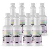 Eight 1-quart plastic bottles of Alliance Chemical Ethyl Acetate ACS with white caps and product labels.
