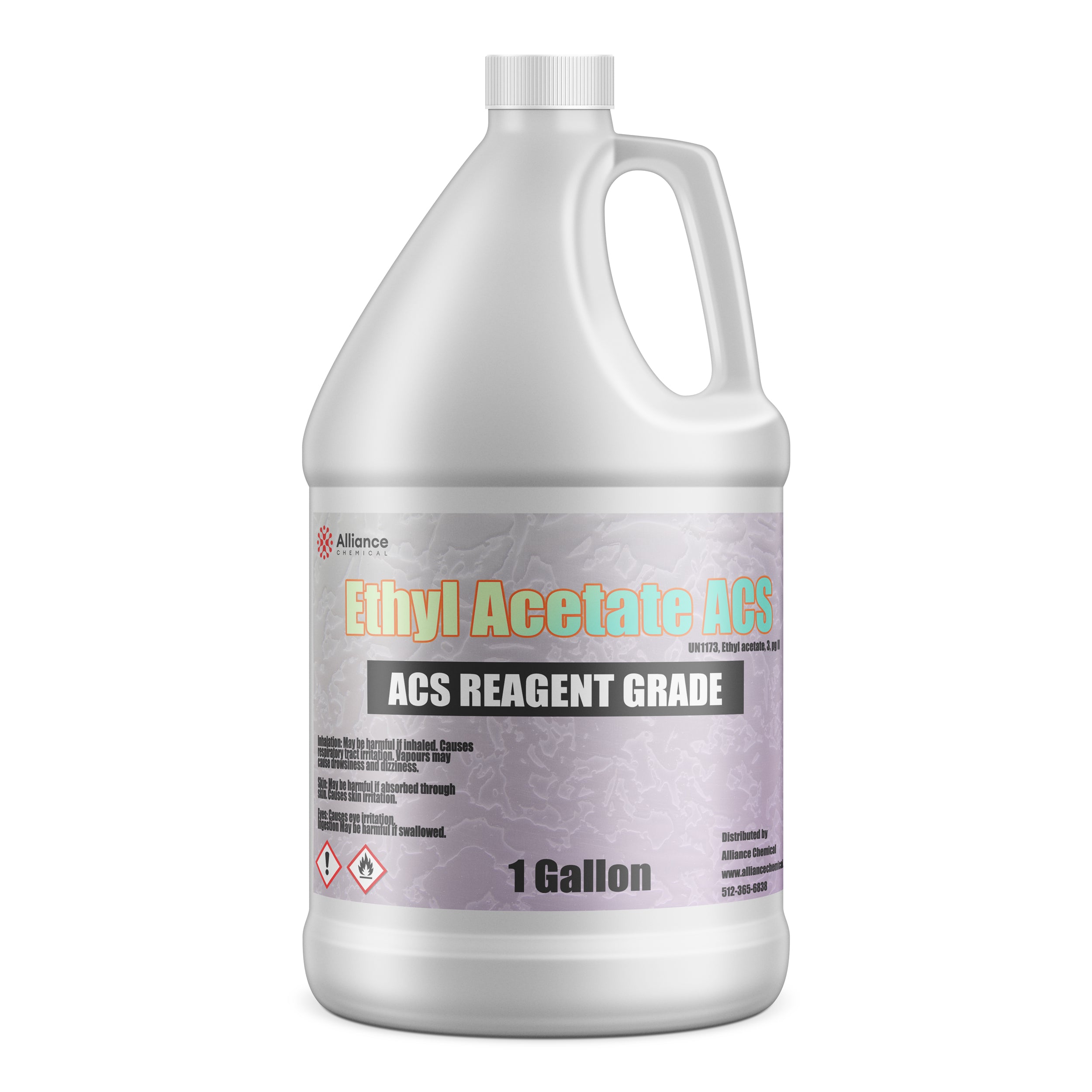 1-gallon white HDPE jug of ACS reagent-grade ethyl acetate with flammable/irritant hazard symbols, Alliance Chemical branding, gray gradient label.