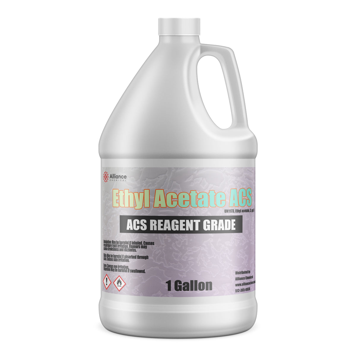 1-gallon HDPE jug of ACS reagent-grade ethyl acetate with flammable/irritant, Alliance Chemical branding, gray gradient label