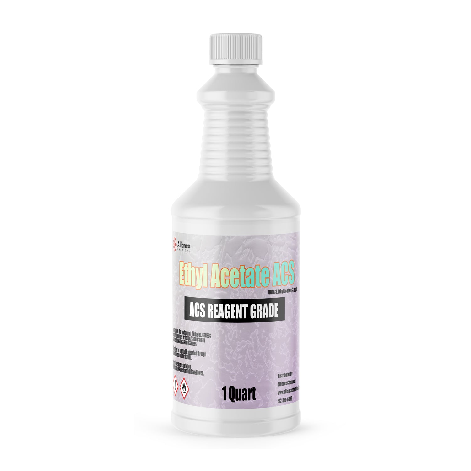 1-quart plastic bottle of ACS Reagent Grade Ethyl Acetate solvent with flammable/hazardous material warning symbols, ribbed design, white cap.