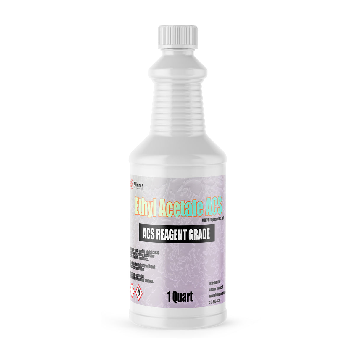 1-quart plastic bottle of Alliance Chemical Ethyl Acetate ACS with a ribbed neck and a white screw cap.