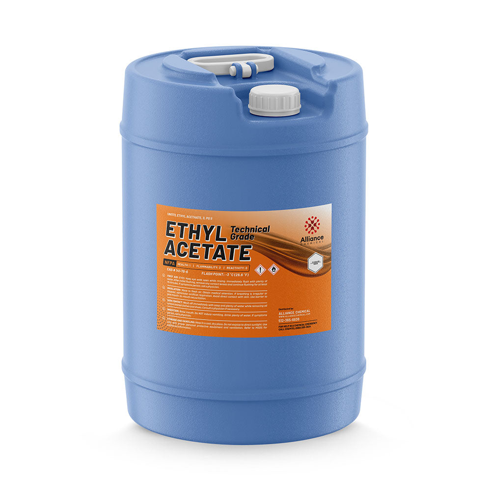 5-gallon technical-grade Ethyl Acetate in blue HDPE carboy with NFPA diamond, flammability warnings, and dual-port sealed cap system.