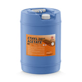 15-gallon blue plastic drum of Alliance Chemical Ethyl Acetate with a white screw cap, integrated handle, and product label.