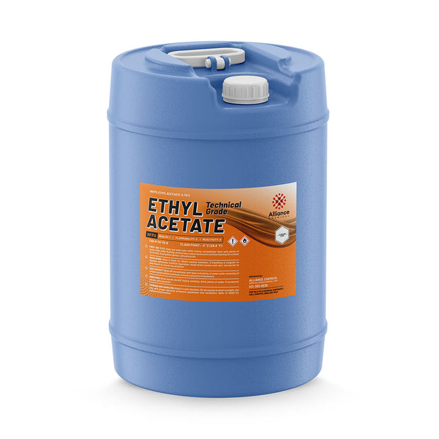 15-gallon blue plastic drum of Alliance Chemical Ethyl Acetate with a white screw cap, integrated handle, and product label.