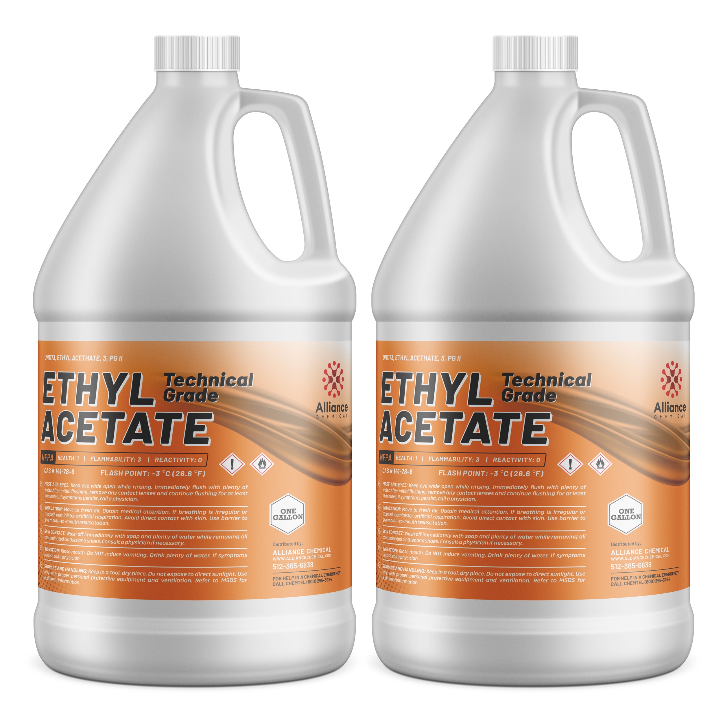 2-gallon technical-grade ethyl acetate in white HDPE jugs with orange labeling, NFPA diamond indicators, flammability warnings, and safety instructions - Alliance Chemical.