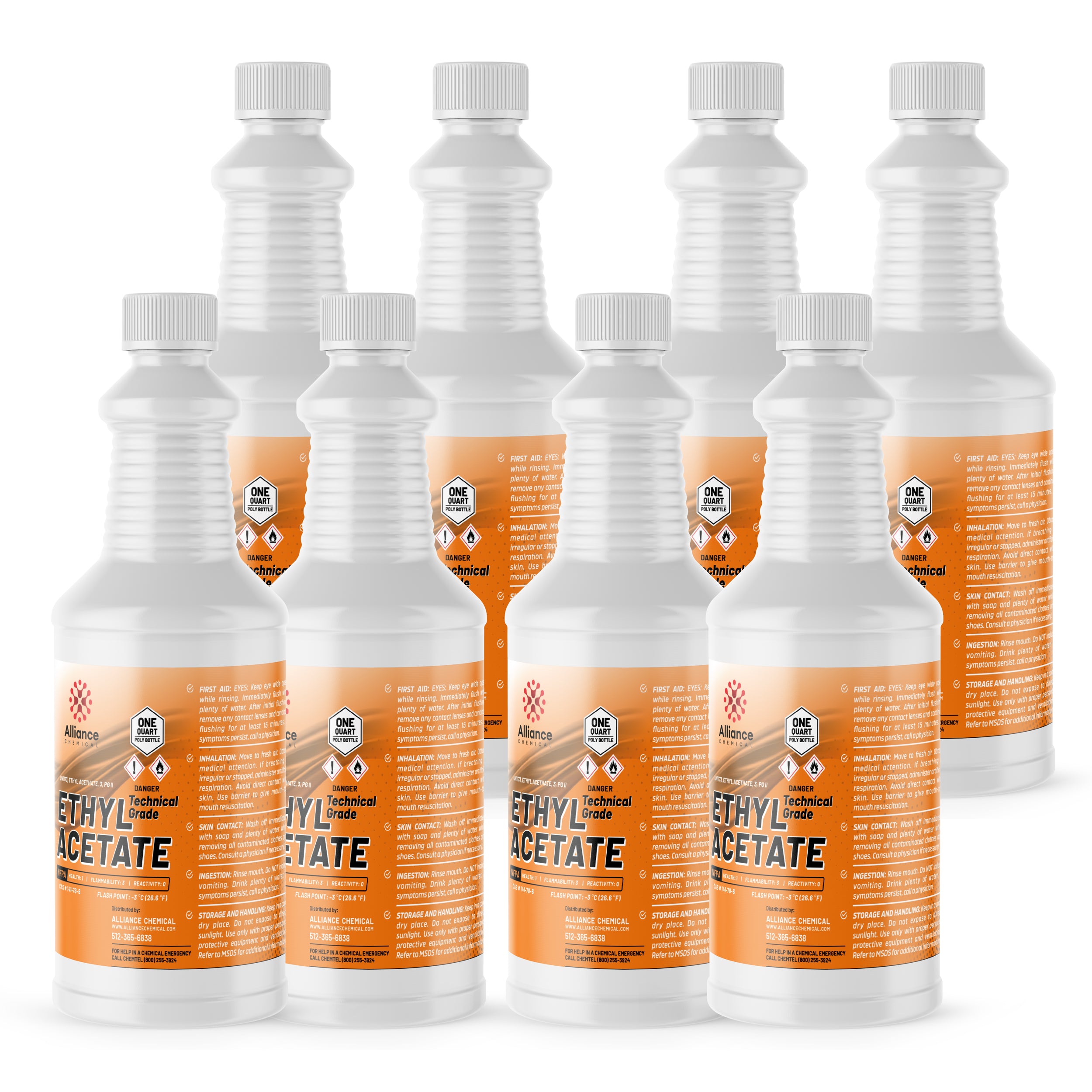 8x1 quart Ethyl Acetate Technical Grade in white HDPE bottles with orange labels, flammable/danger warning symbols, Alliance Chemical branding.